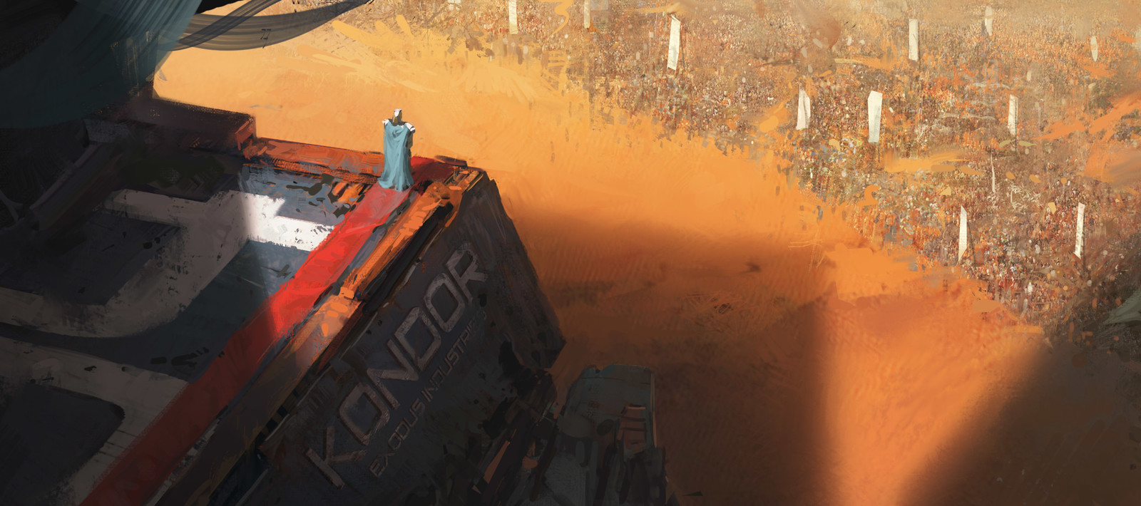 The air was thin, the sun blazing as he stood atop the destroyed mining starship Kondor. As he approached the edge, he heard the roar of a thousand throats. The revolution had begun.