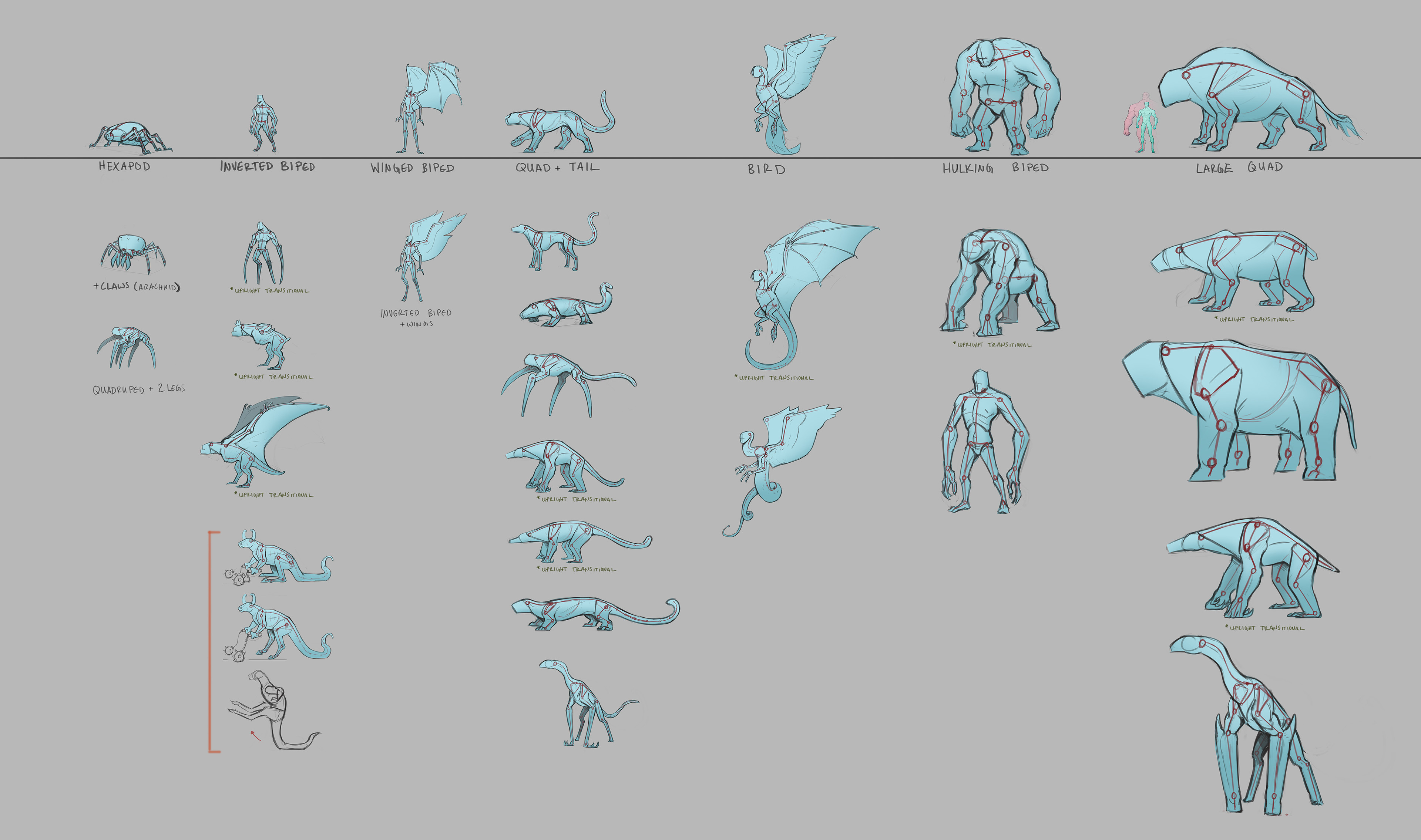 We wanted to maximize the monster rigs by fitting each with a basic body shape. This was a general exploration of different baselines that explored which would offer the most bang for buck. The weirder ones were nixed early on.