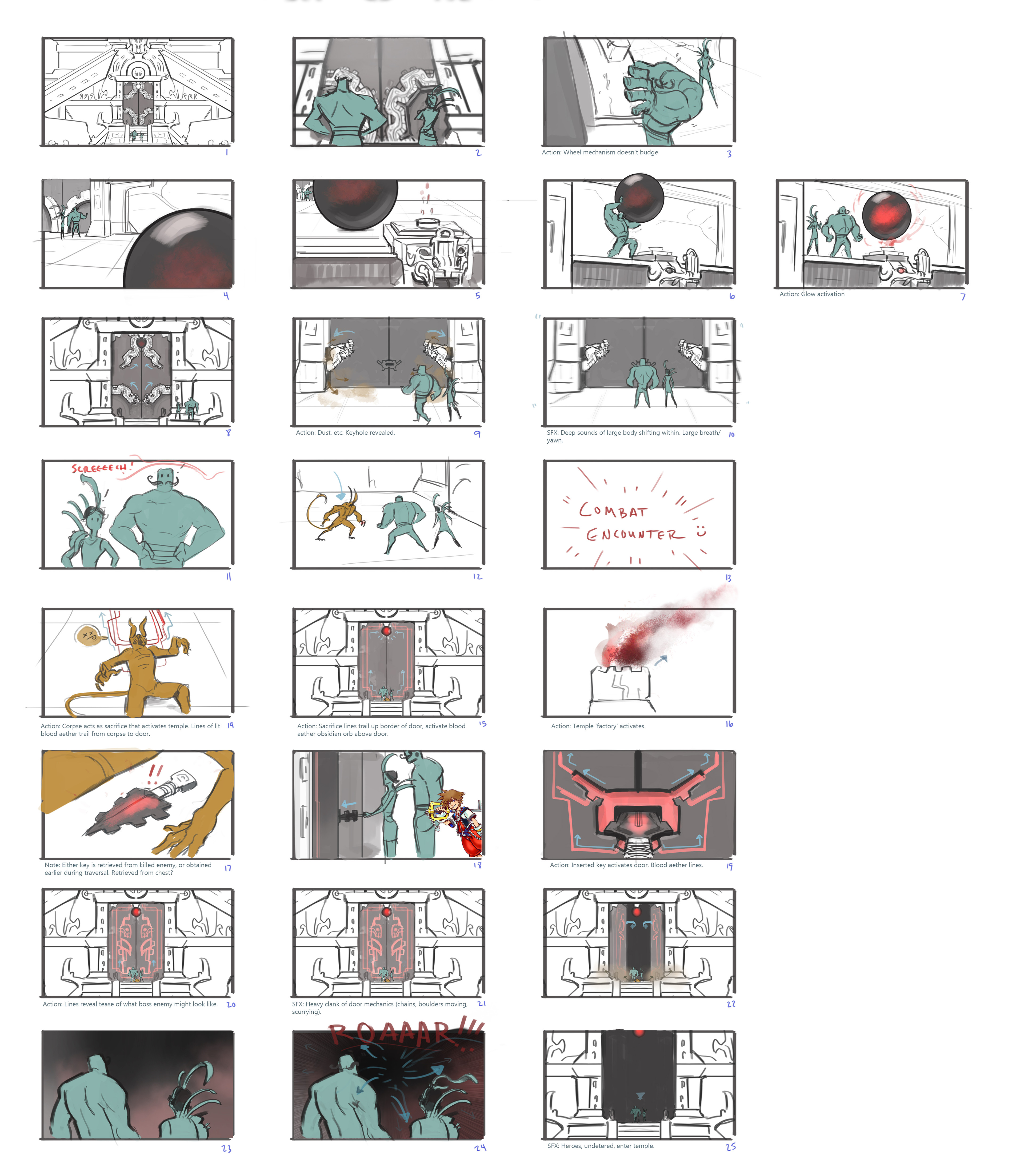 A quick 'n' dirty storyboard for opening a temple door. I overdid it a little with the process and eventually the entire scene was reduced to a quip between characters and simple key insertion.