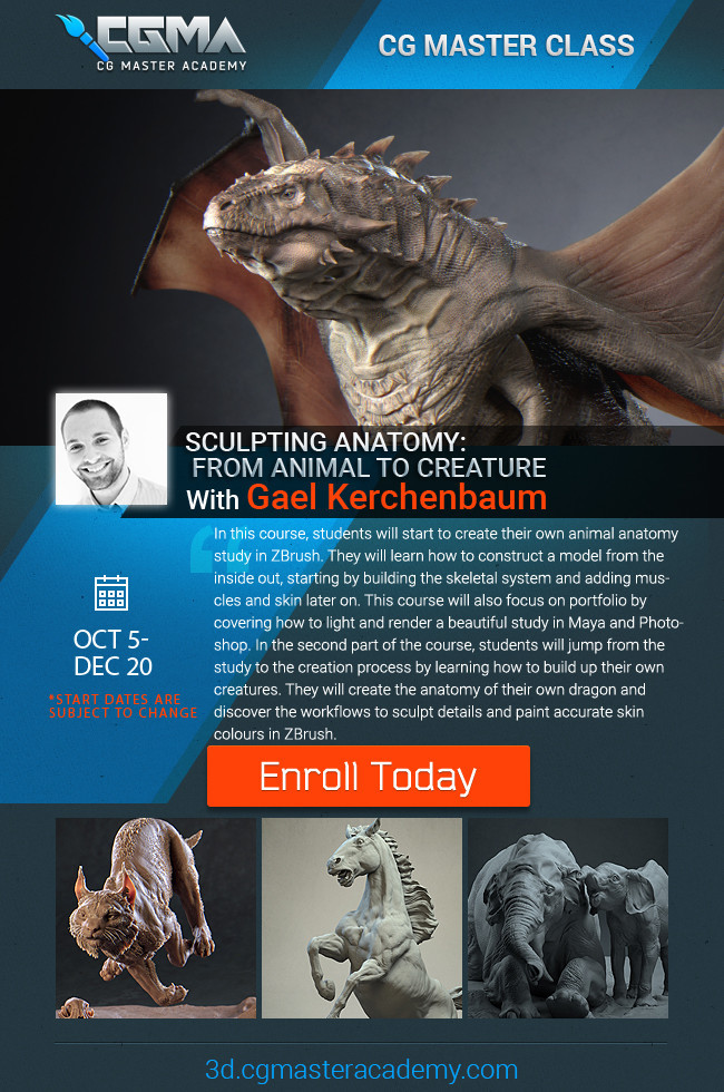 Learn how to sculpt animal and creature anatomy in one of my CGMA classes : 
https://www.cgmasteracademy.com/courses/94-sculpting-anatomy-from-animal-to-creature