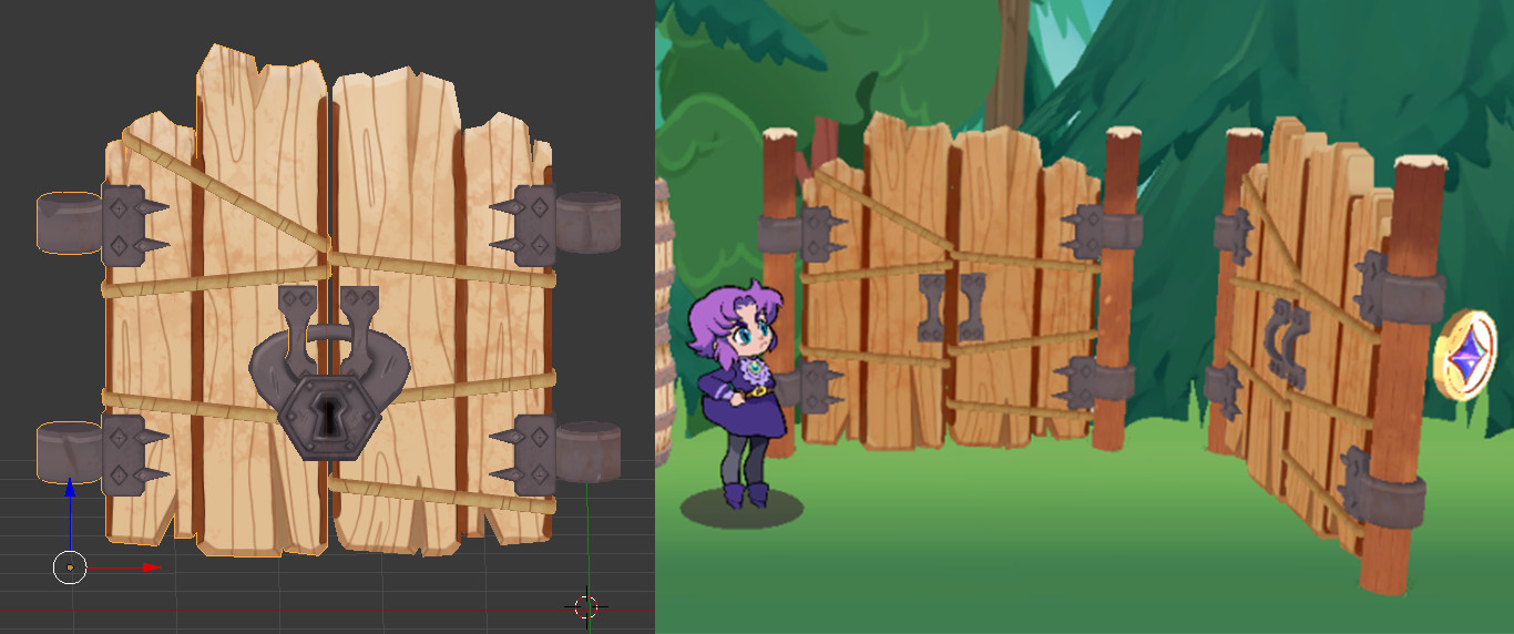 The completed gate tested in a *very* early version of Grumpy Witch (in Unity).
Gate texture (and Emilia character art and trees) by lead artist Kait Peavler (https://www.artstation.com/thedicegoddess). 