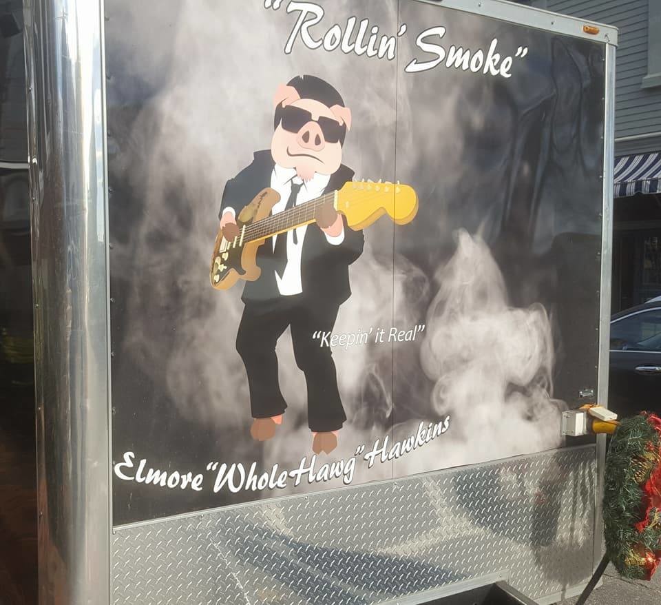 Elmore in place on the back of the truck. Customers will often take their picture in front of this and post it to social media (I did not do the smoke or text).