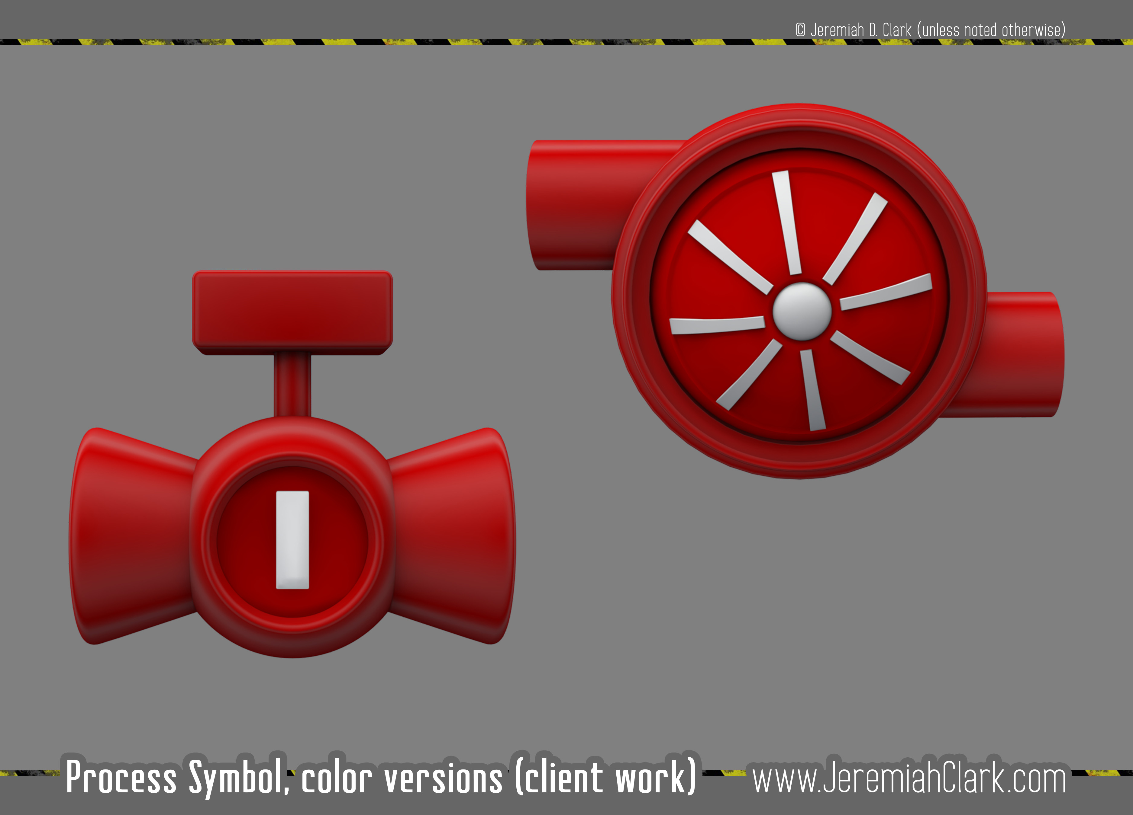Color variation of piping process symbols, also shows the (closer to) final satin finish.
Modeled and textured in 3Ds Max.  
Rendered using V-Ray.  