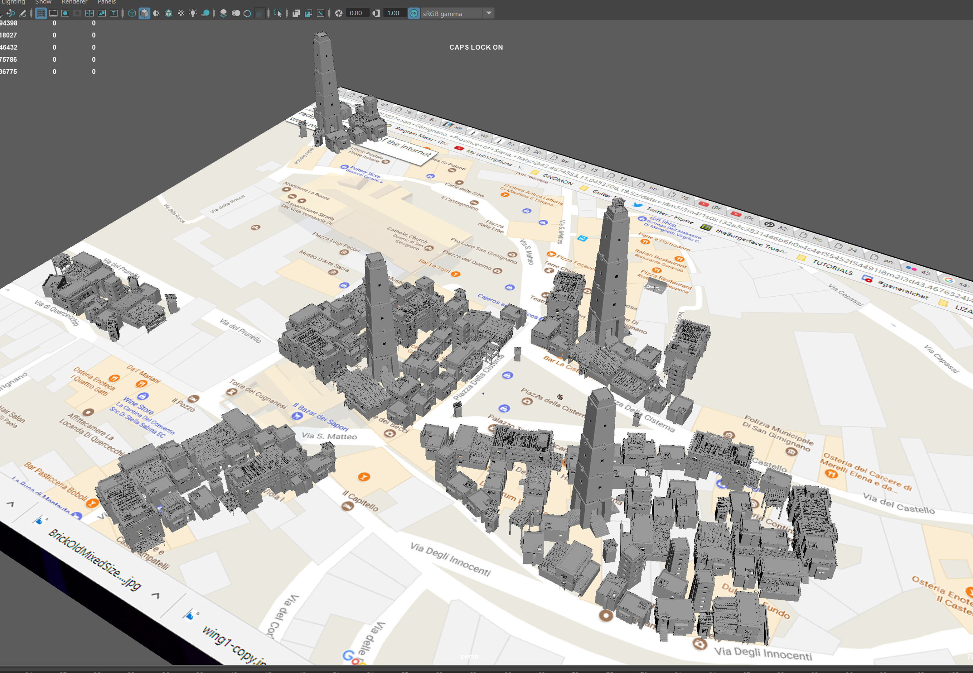 Used a Google Maps screenshot of San Gimignano to help with some medieval-esque city layout.