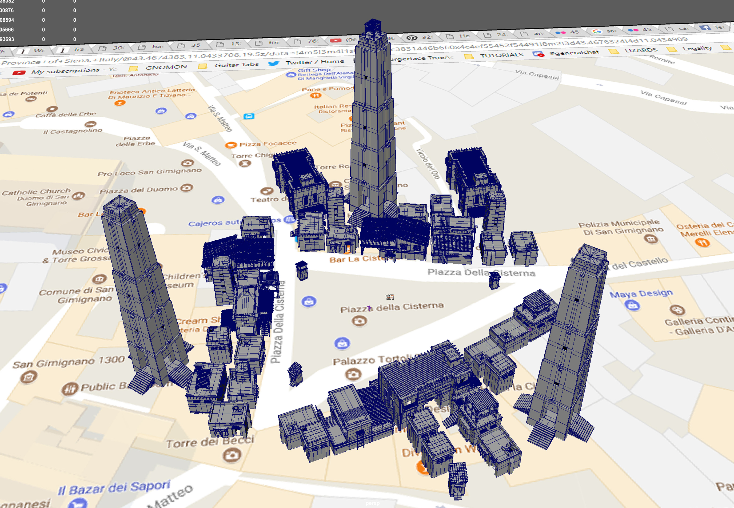 Used a Google Maps screenshot of San Gimignano to help with some medieval-esque city layout.