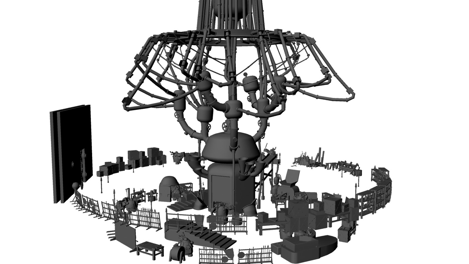 The Foundry was a 3 month long process that consists of hundreds of unique props and occupied anywhere between 6-14 hours a day 7 days a week. Its centerpiece is a massive chandelier boiler engine that provides steam power to the city above.