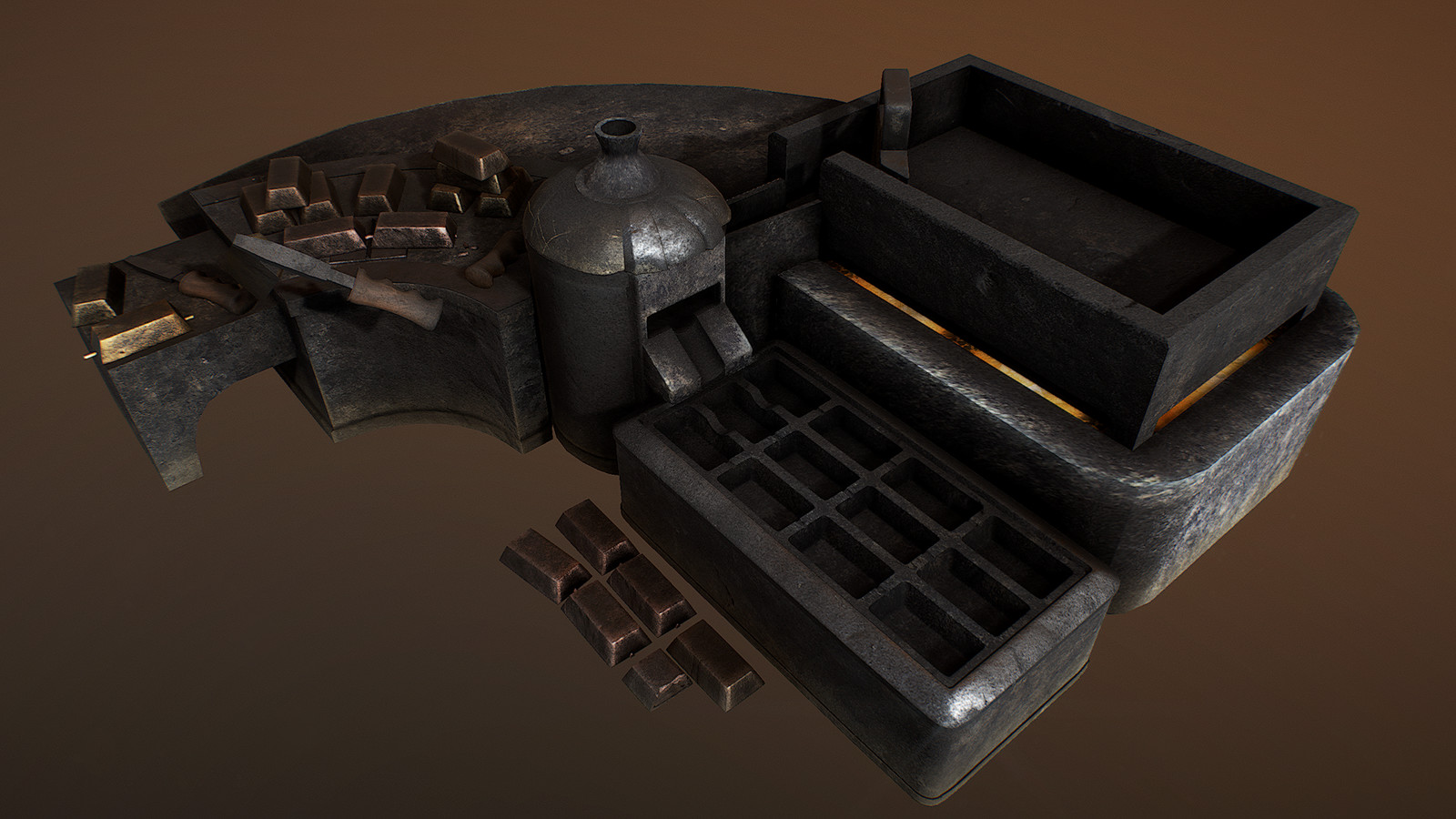 Ground scrap metal is thrown into a heating dish and melted into ingots for use in tools, weapons and armor. 