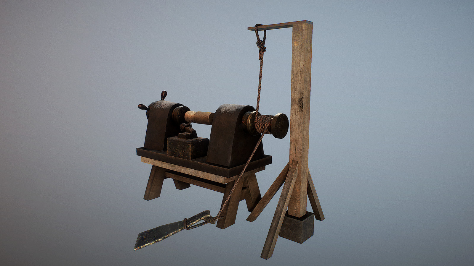 ...Usable lumber wedges are loaded onto the lathe and turned into handles for tools and weapons. The lathe has a toque driven foot peddle. I modeled the ropes with 'real' knots that would actually hold. 