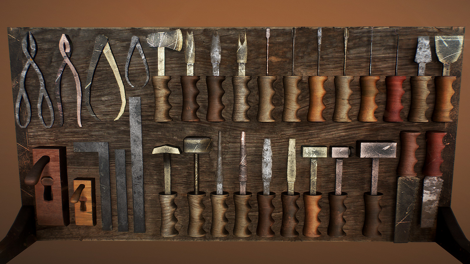 The Foundry men are equip with a wide range of tools. From cutters, to hammers; from chisels to measuring tools, the foundry men need to be prepared to handle pottery, glass, leather, wood and metal