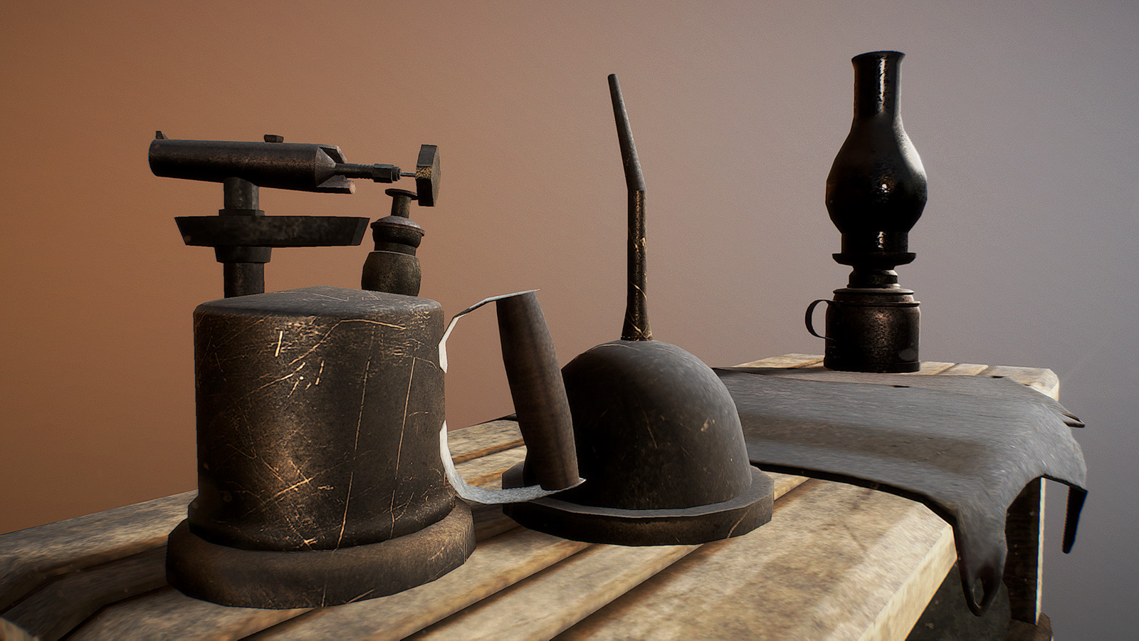 Fun side note. I HAVE this old oil can and welding torch. They actually exist in real life. They fit thematically and made for a nice reference.