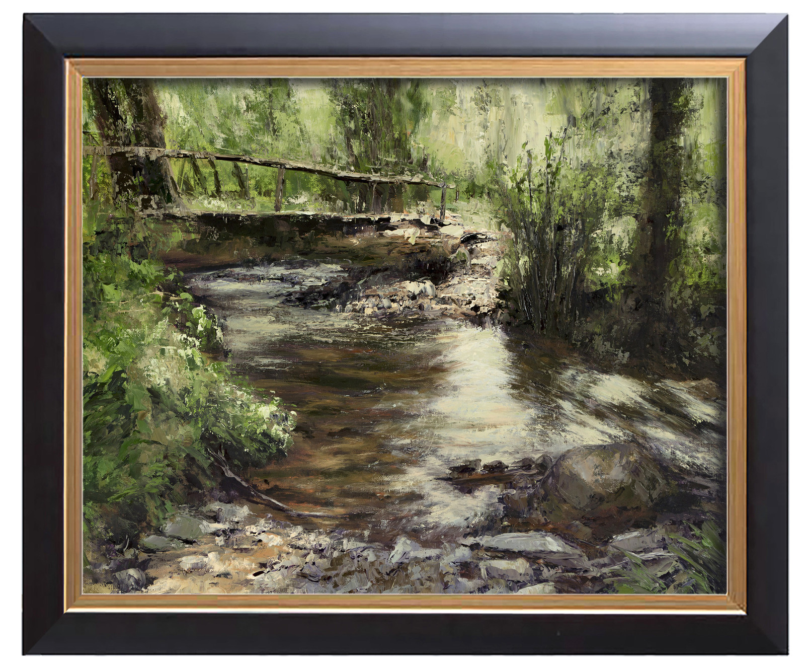 Bridge over brook -for sale 15.7x19This one is for sale for € 540,-. This is with a frame and shipping included. It's painted on canvas on panel, is signed and varnished and is a unique item. It comes with a frame ready to be hanged and comes well packed.