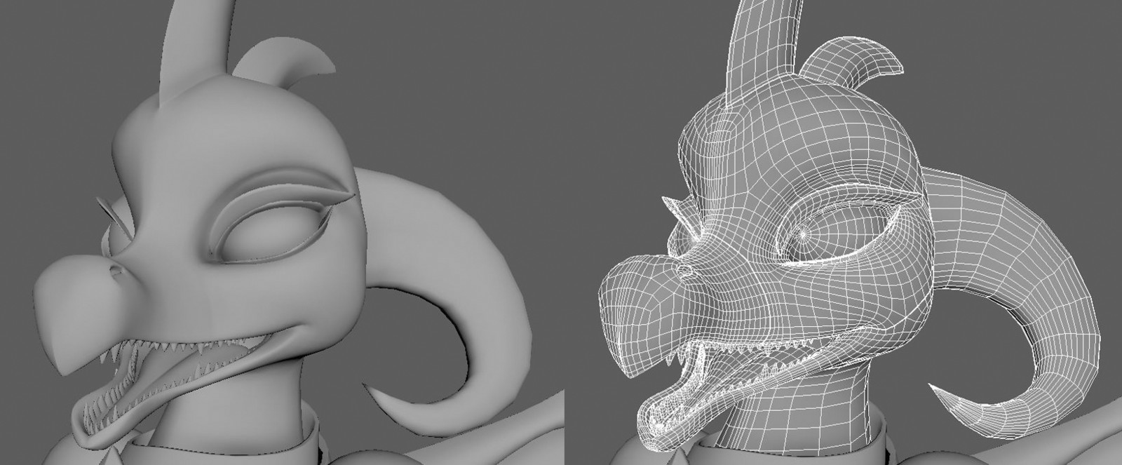 Ember was built from scratch in Maya. She never touched Zbrush or Mudbox, though I did retopologize her face a couple times to fine tune for the shape I was after. Edge loops are placed to make expressions optimal. 