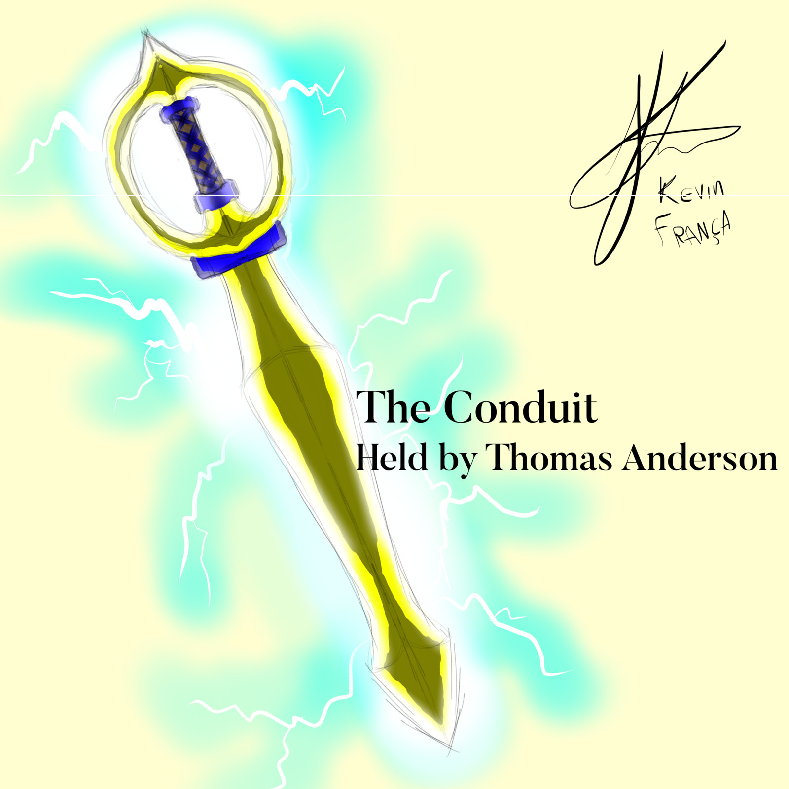 The Conduit - Held by Thomas Anderson.
Thomas is the village researcher, once found under massive attacks from bandits, he researched for a effective way to defend himself, forging this heavy, golden and deadly weapon.