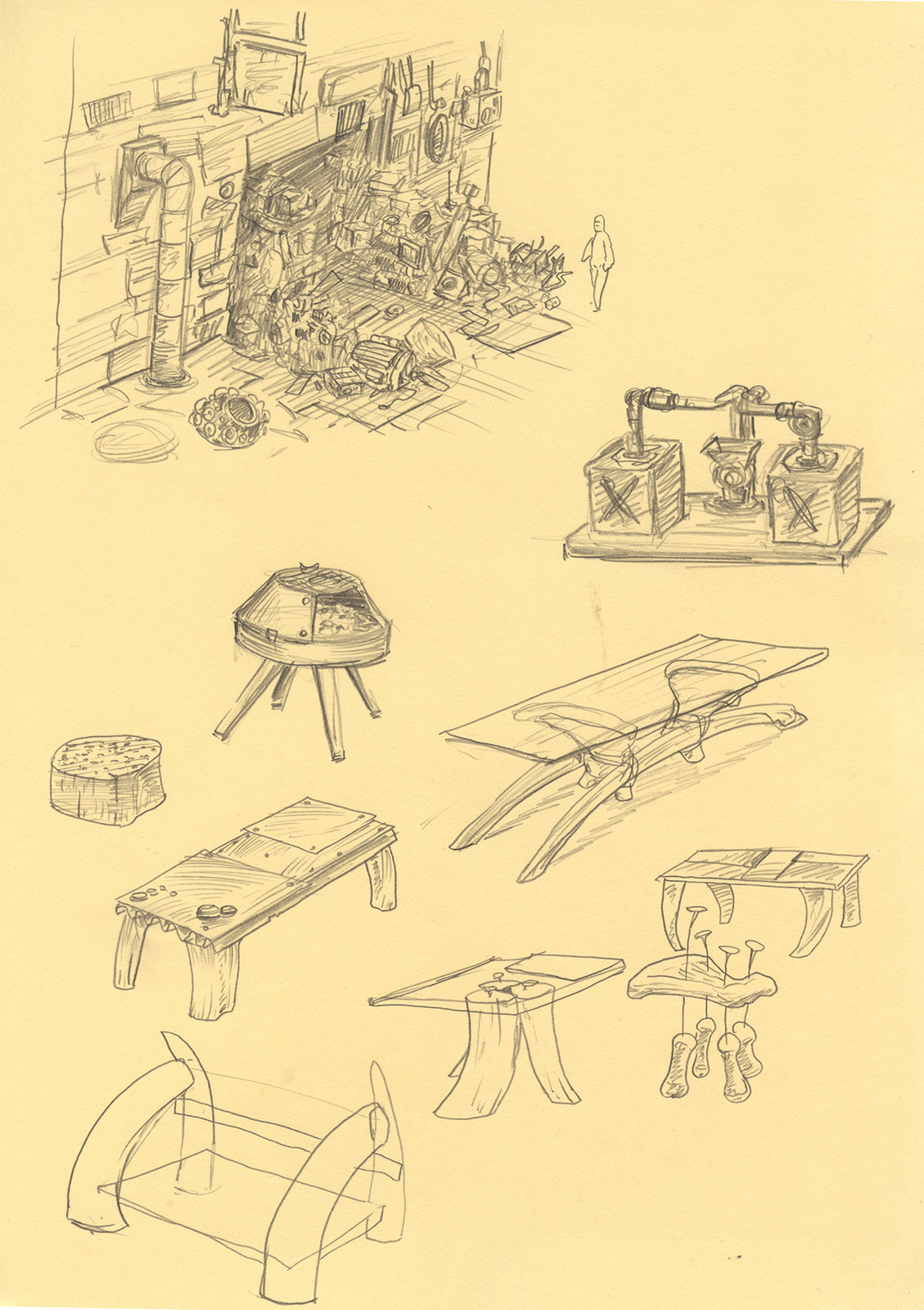 Concepts of furniture made of bones and an early design for the scrap-metal dealer shop