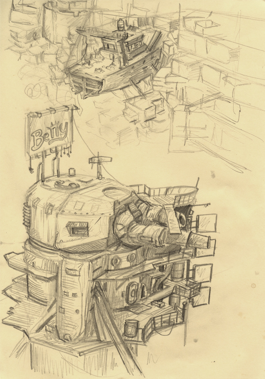 A concept for the exterior of the protagonists hut and a bar design made of an old heavy artillery