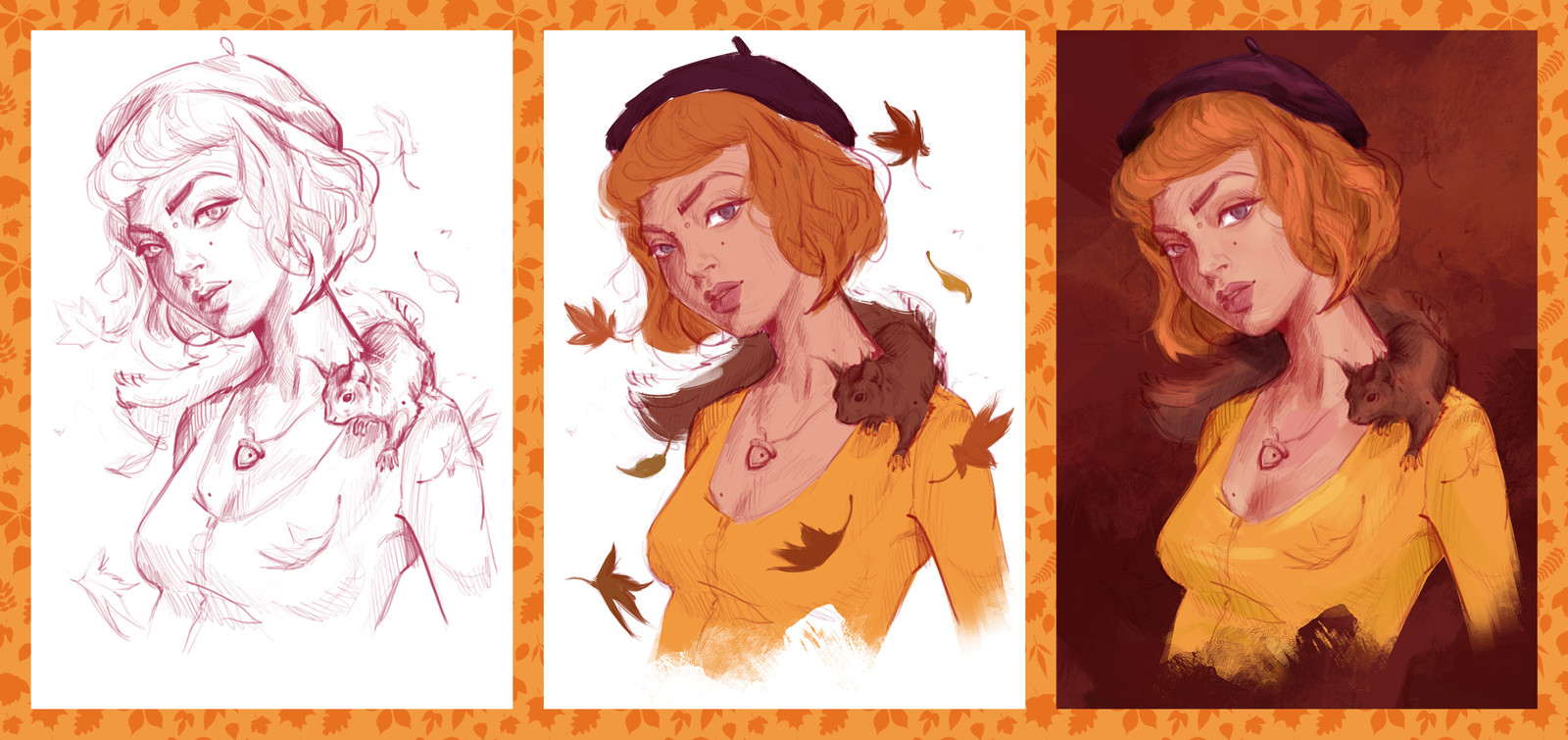 Sketching, flat coloring, lights and shadows