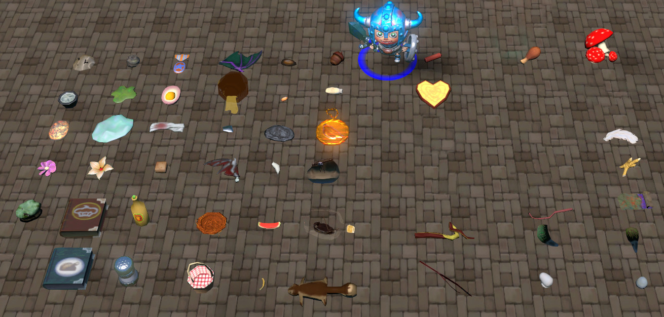 A spread of tiny drop items in game.