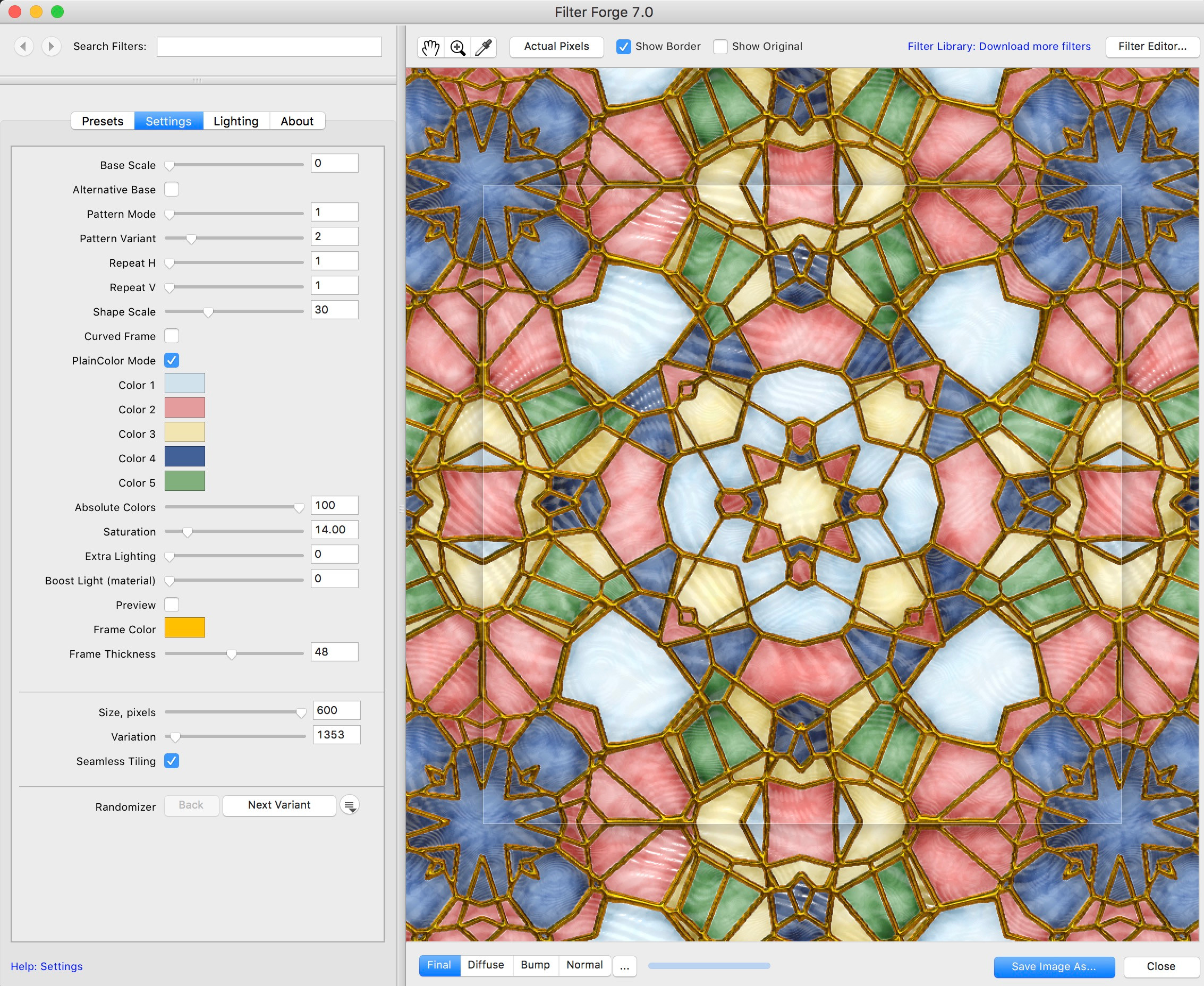 I made a simple stained glass generator a few years ago in FilterForge. So I decided to use that for this project.