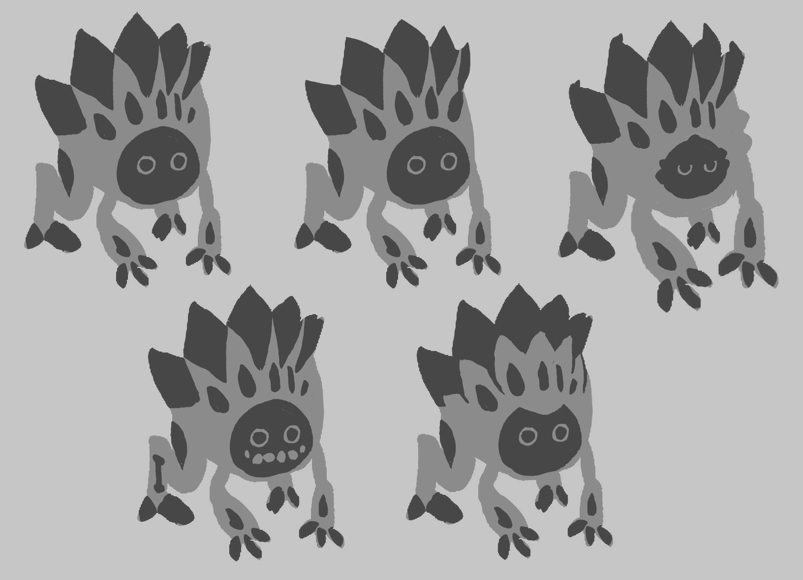 I kept refining from there, and eventually settled on the flowerlike design on the bottom right, with just a bit of the snaggle-tooth from the bottom left.