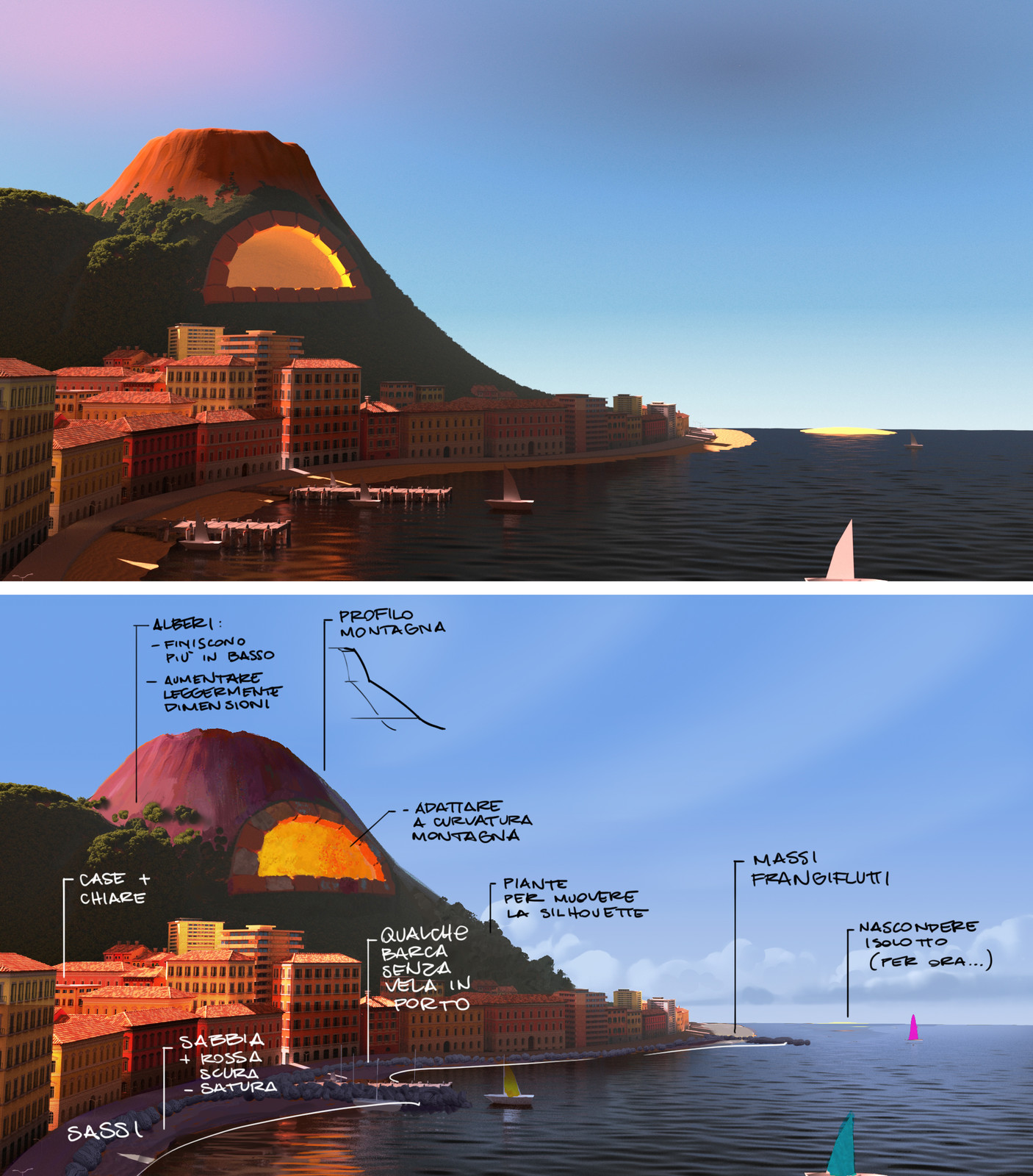 Paintovers and notes on raw renderings iterations