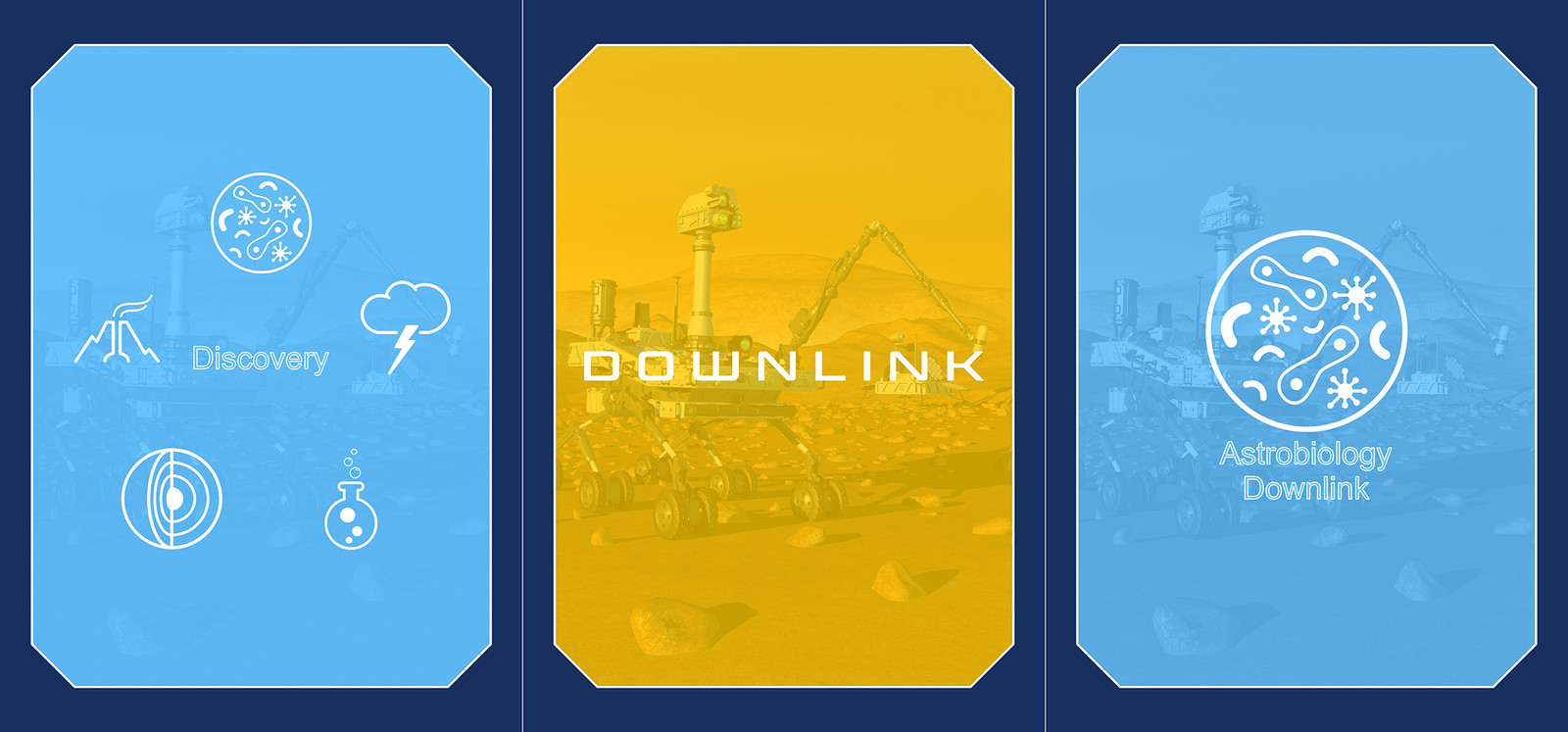 Other cards backs graphic design. From left to right, Discovery Cards, Playing Cards, and one example of Downlink cards.