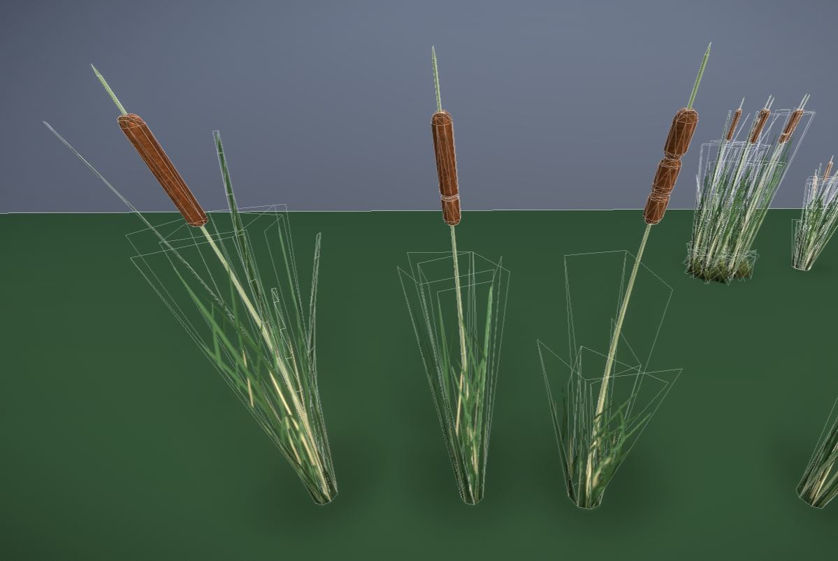 Different versions of the low-poly reed components.