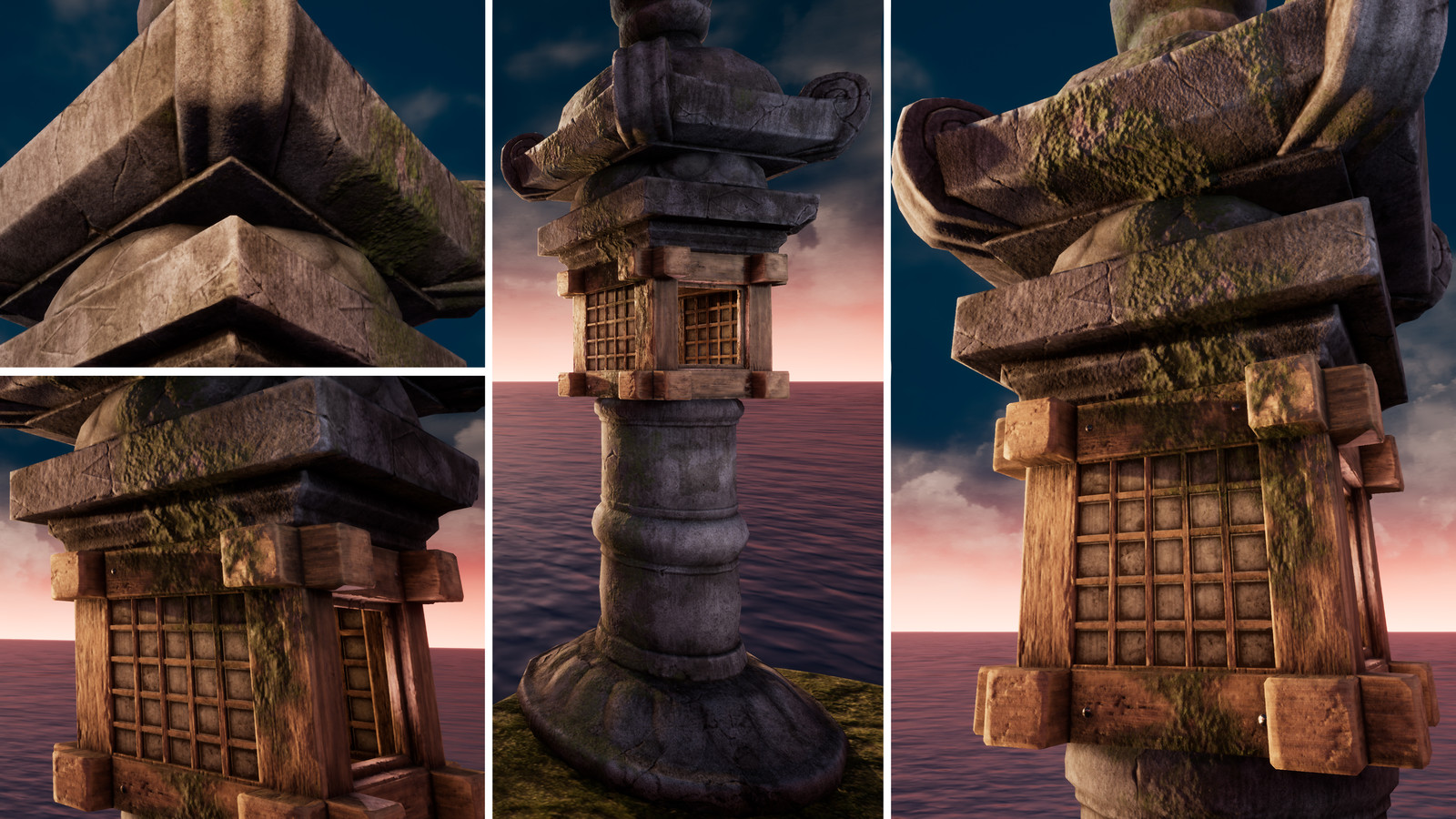 Close up on the moss, stone and wood details