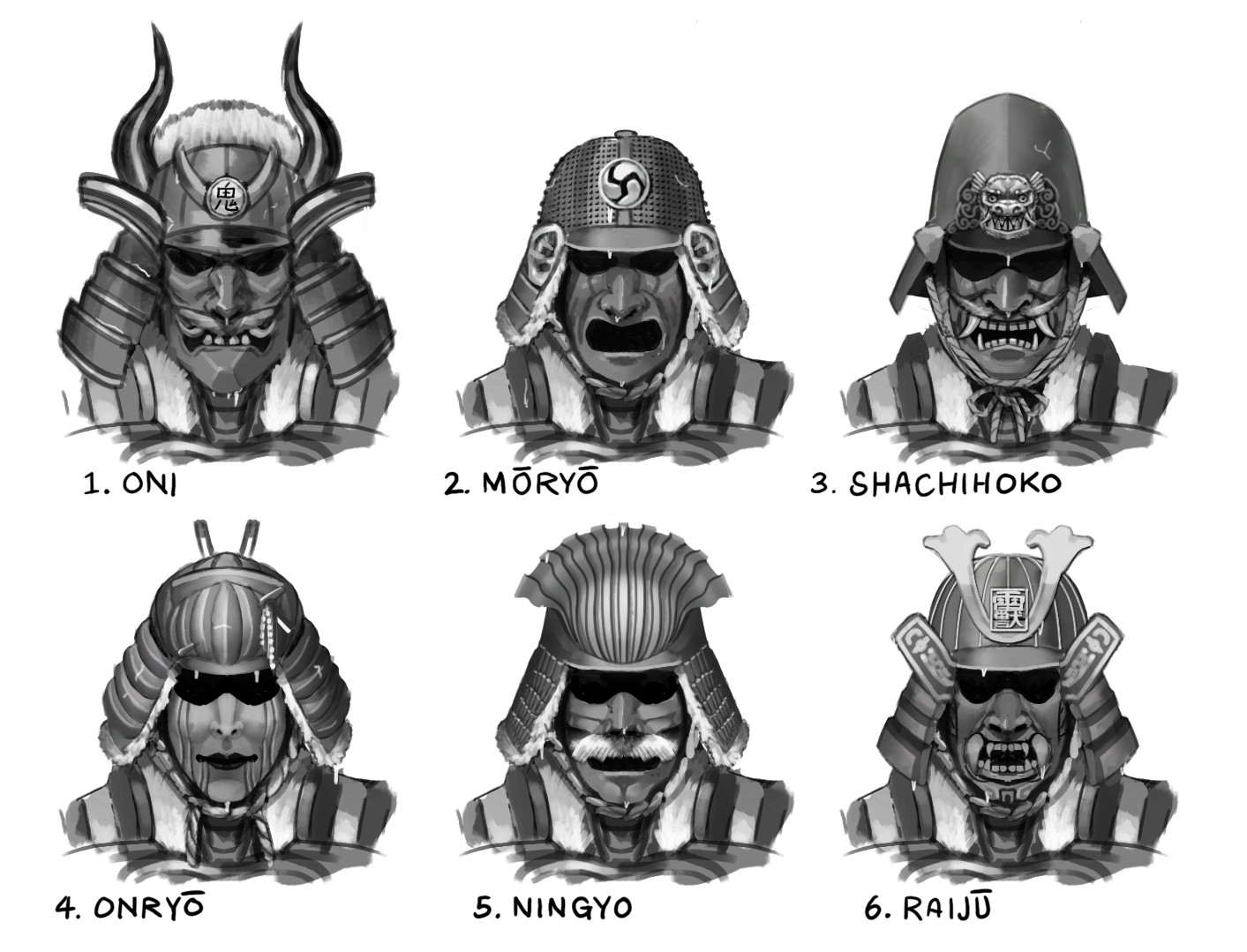 A couple of early iterations of the helmet. I knew I wanted heavily Yokai (Japanese mythological beasts) influenced helmets and in the end I went for the Shachihoko. The final design is a bit sharper with two large fin-shaped bows added to the forehead.