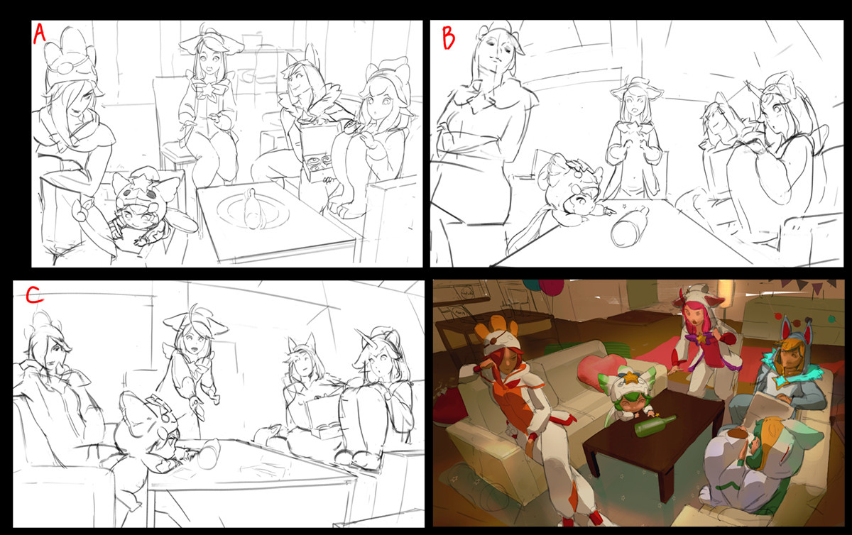 These are thumbnail sketches. I worked on their idea of  'spin the bottle game' but it was abandoned.