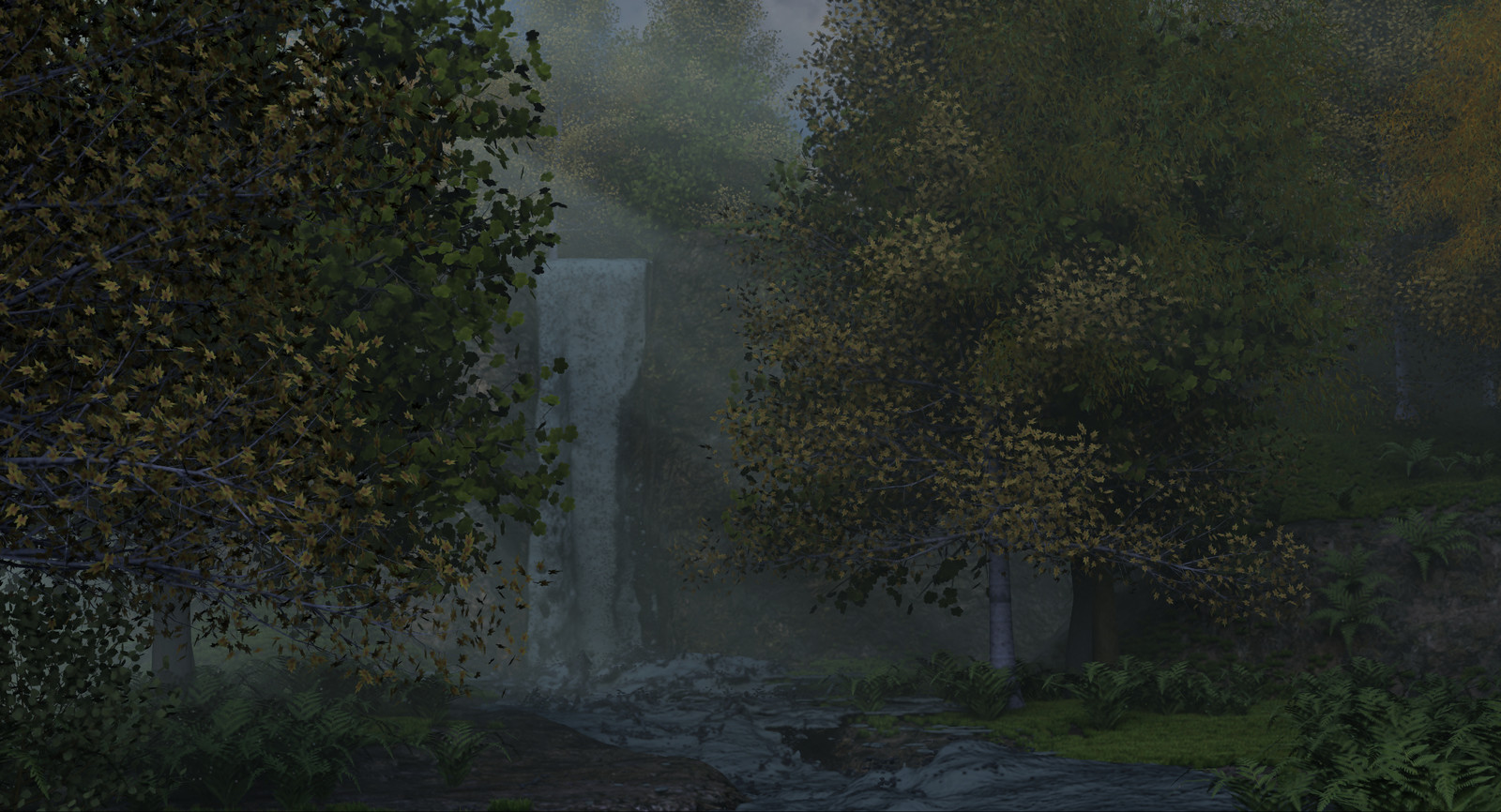 Waterfall in a forest (raw render)