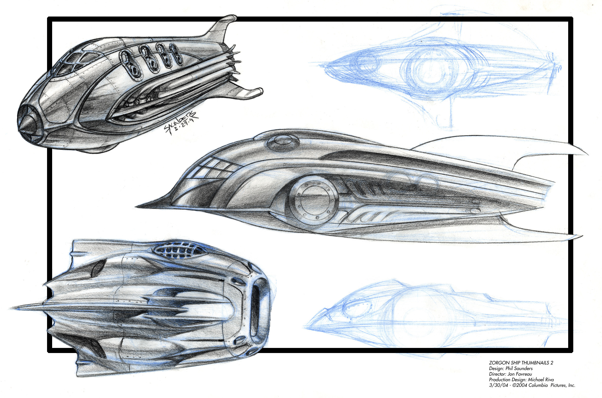 Second Page of Prismacolor sketches for the Zorgon Spaceship. The one in the middle has a lot of elements of the final design. 