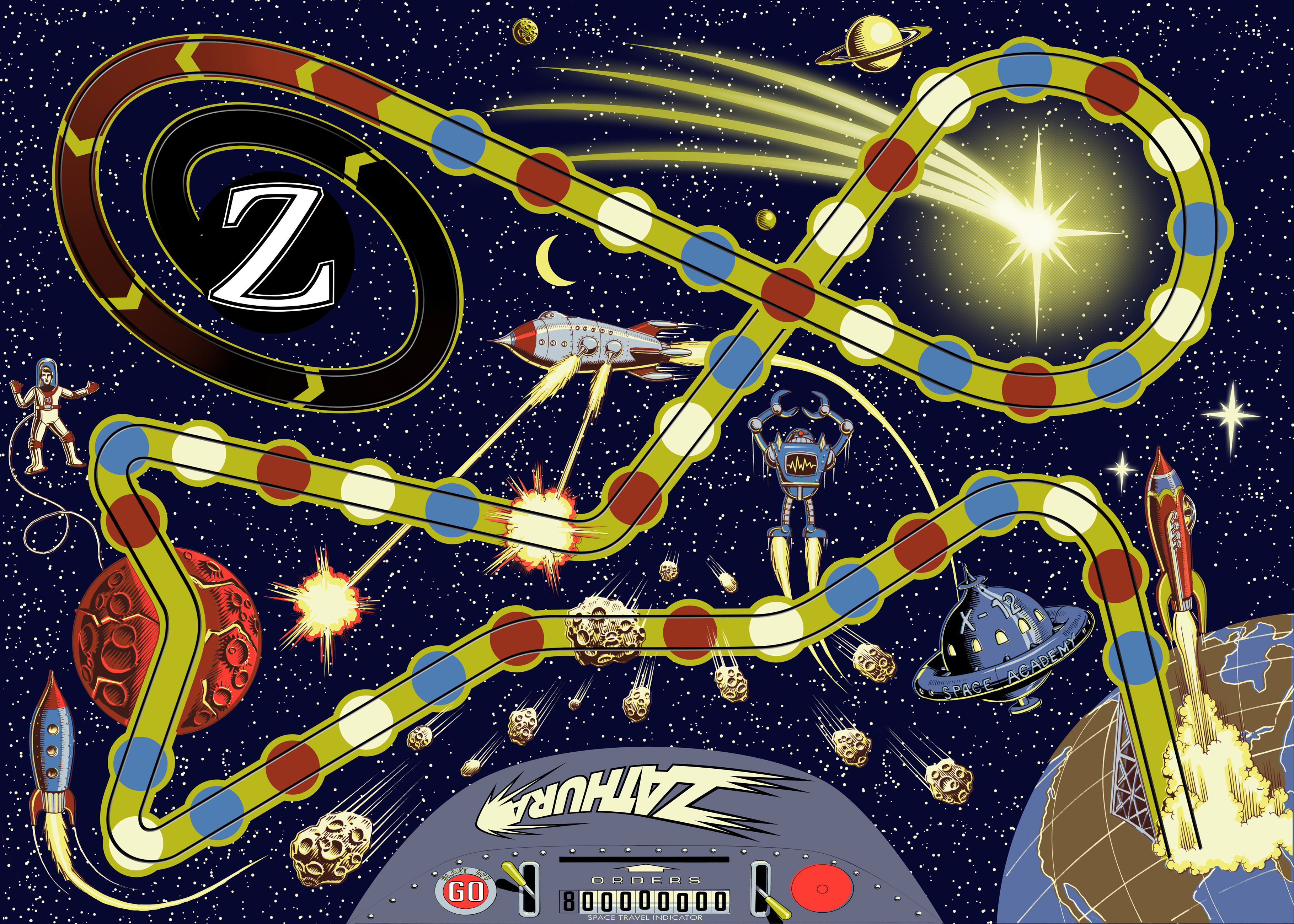 Final gameboard graphics. Pen on illustration board, colorized in Photoshop. Note the off-register colors :)