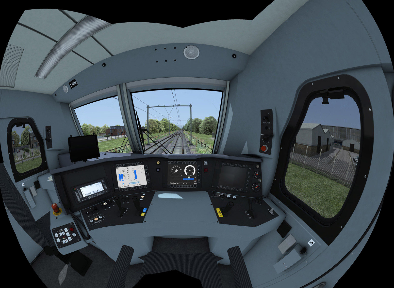 A fish-eye render of the fully modelled interior of a Traxx 186 cab. All the buttons and screens work and are hooked up to the simulation scripts.