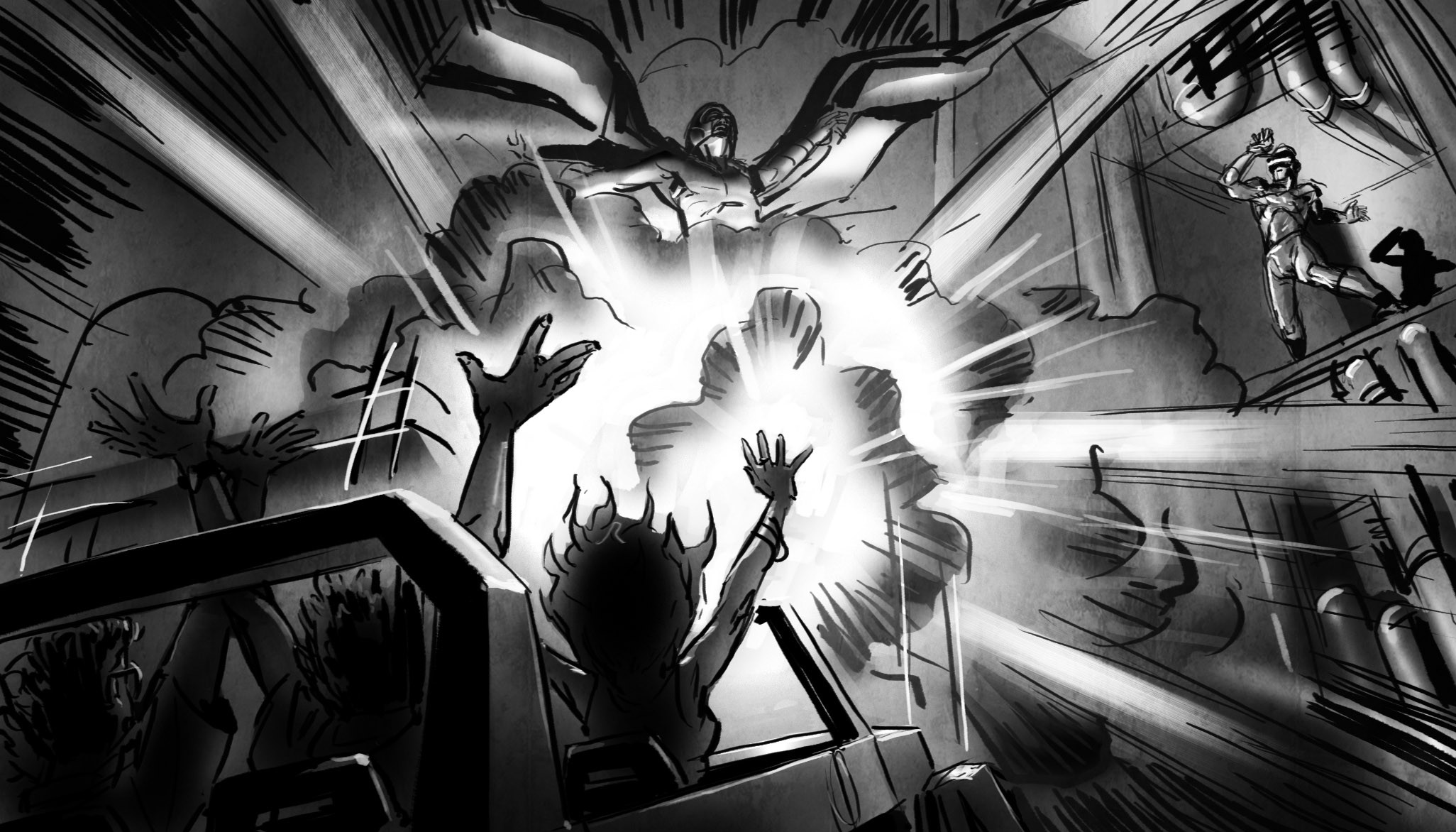 -- culminating in a huge explosion! We drop back to the ground and make our escape in reverse--