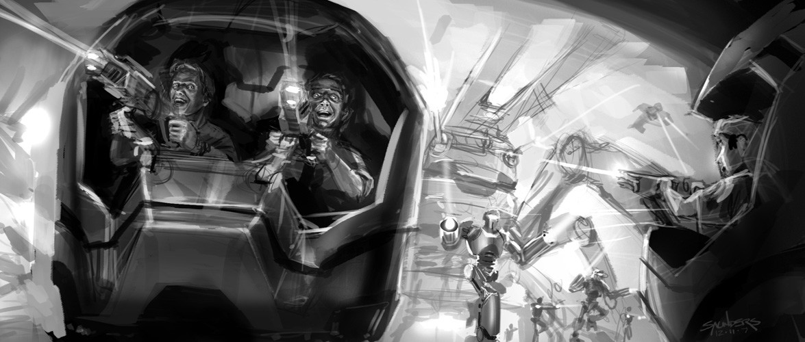 Another initial sketch. The guns were ultimately replaced with hand-mounted gauntlets for the final illustration .
