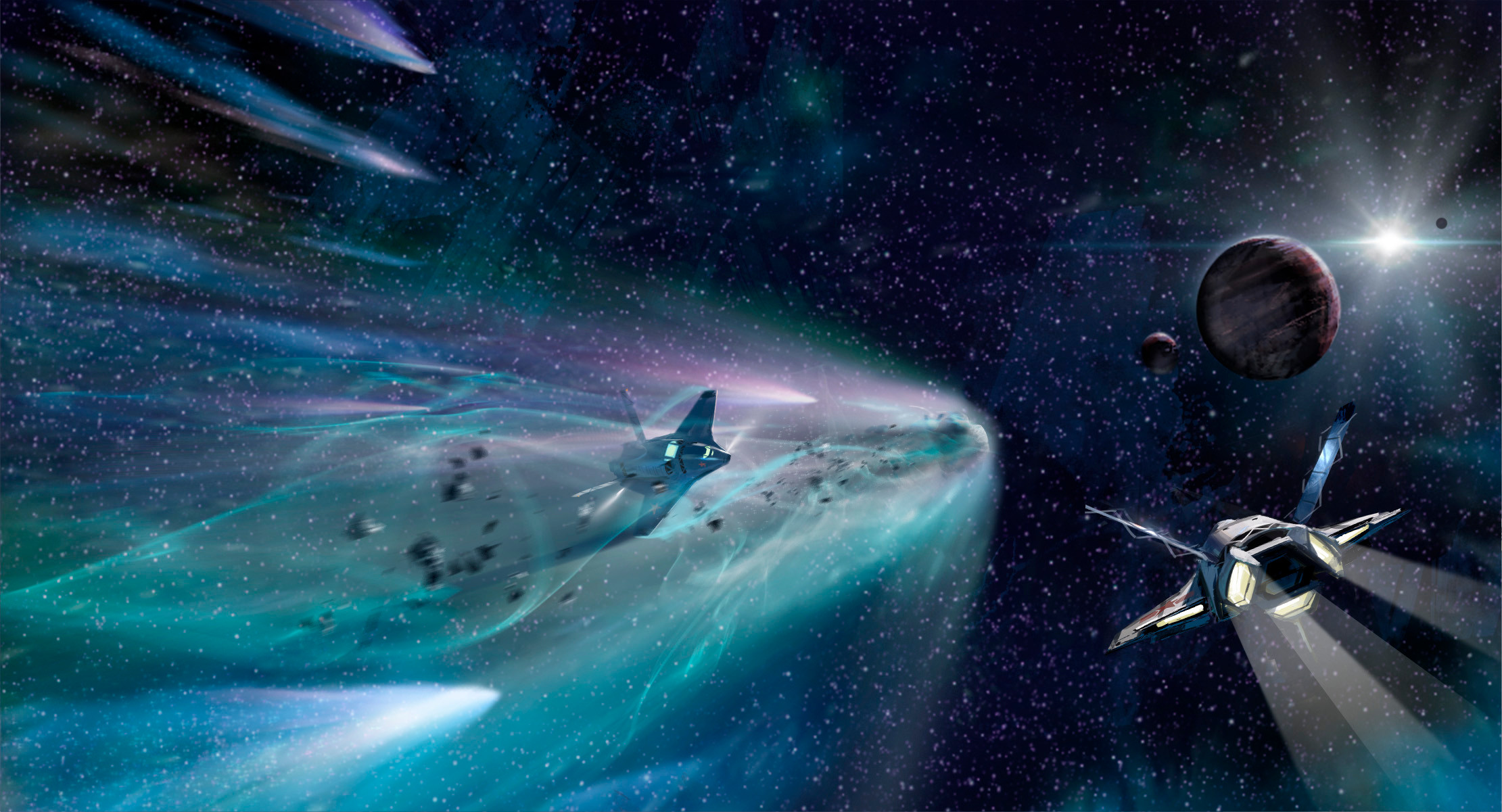 Comets streak by from behind ever closer as we’re overtaken by the storm. Hail beats down on the hull as we watch a glancing impact spin our sister ship around, not moments before—