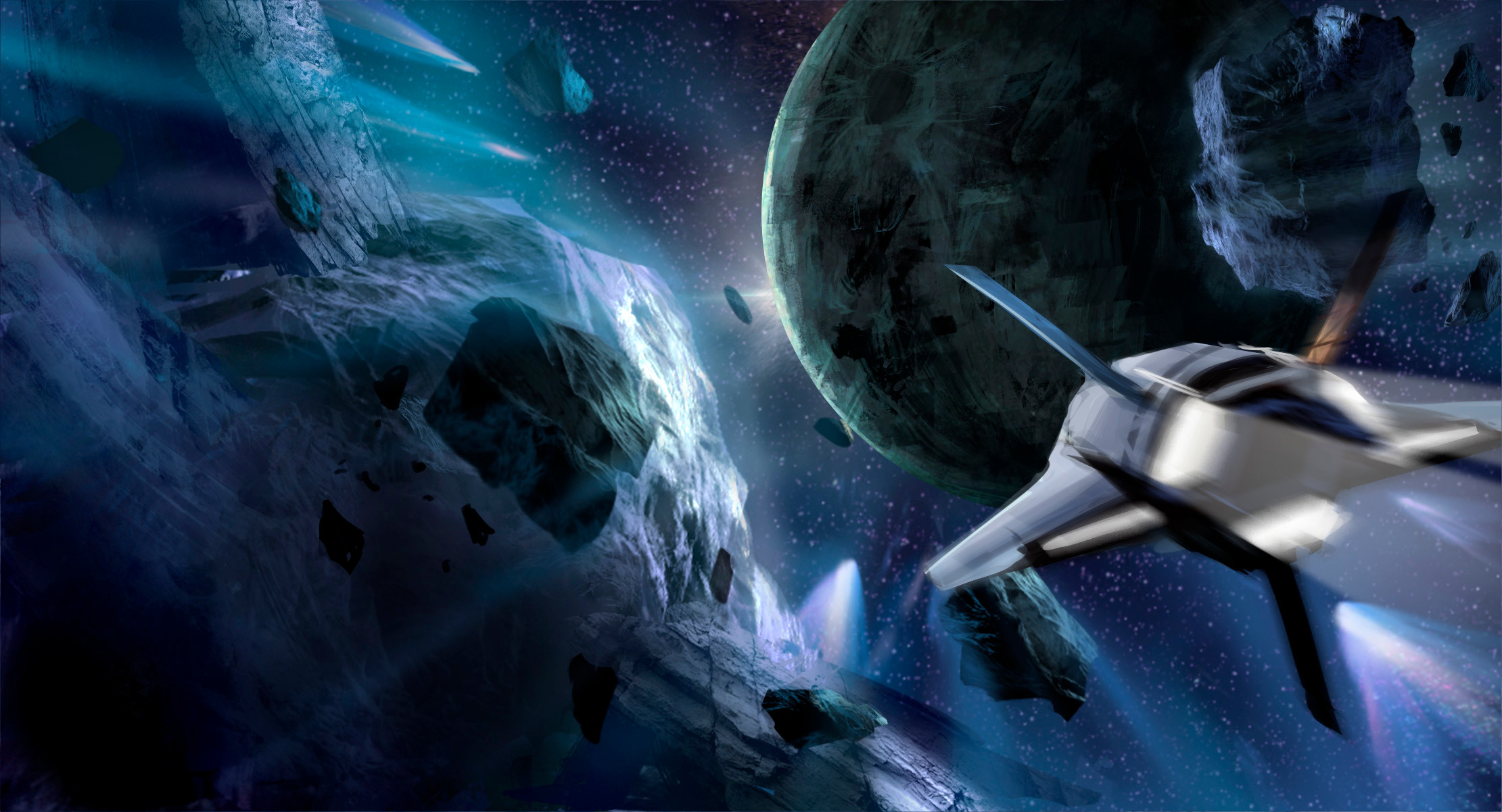 -- WHAM!! We’re knocked spinning into its dense wake! We’ve lost power to main thrust and we’re being dragged along in its slipstream. What’s worse, on the monitor the first mate plots its trajectory straight at the planet!