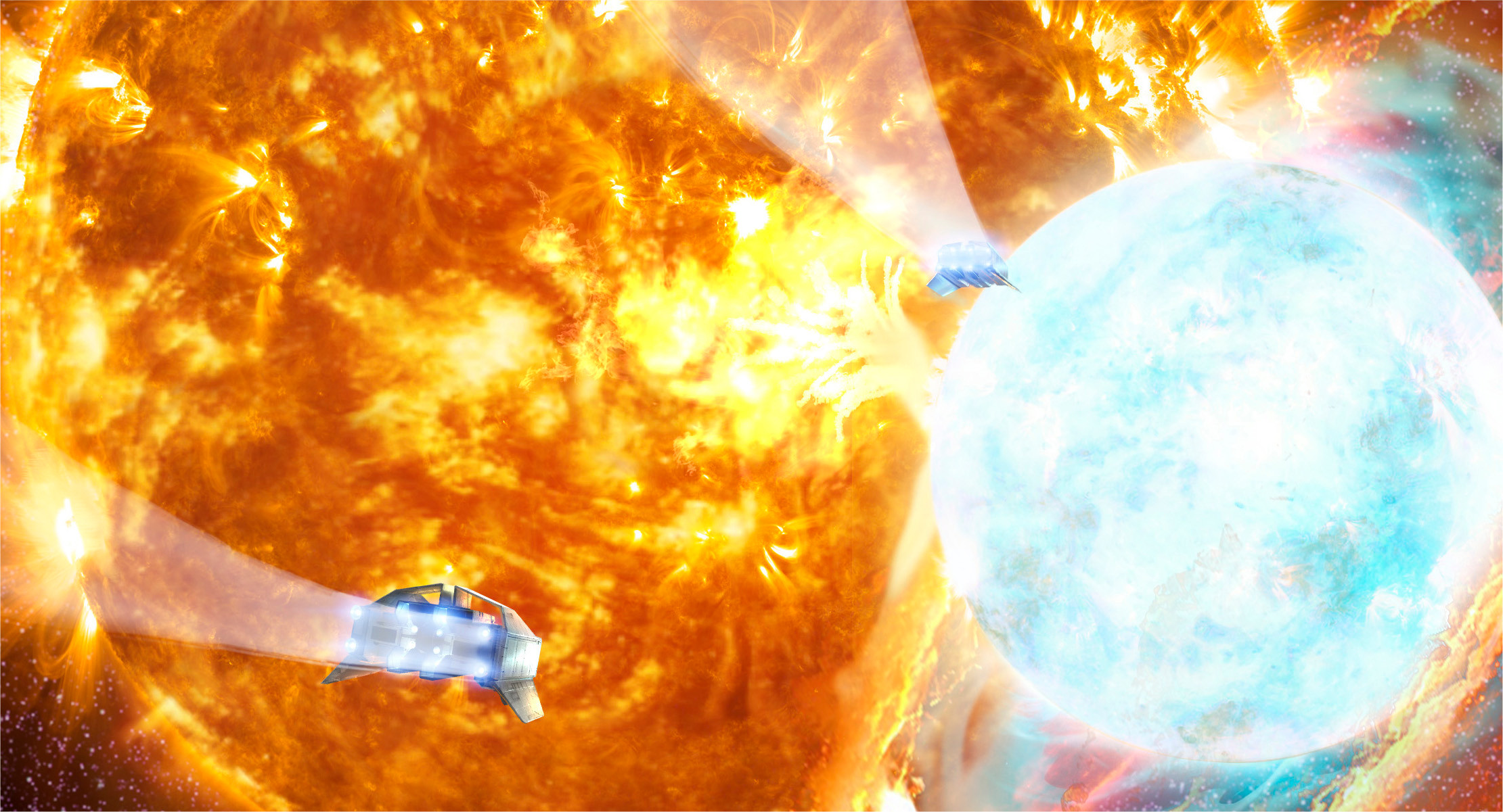 As we exit the Black Hole, we are plummeting into a blinding blue-white sun, dwarfed by the red giant behind it.  The  white dwarf rips a plume of gas and plasma from the red giant into a burning bridge between them, swirling around the smaller star.