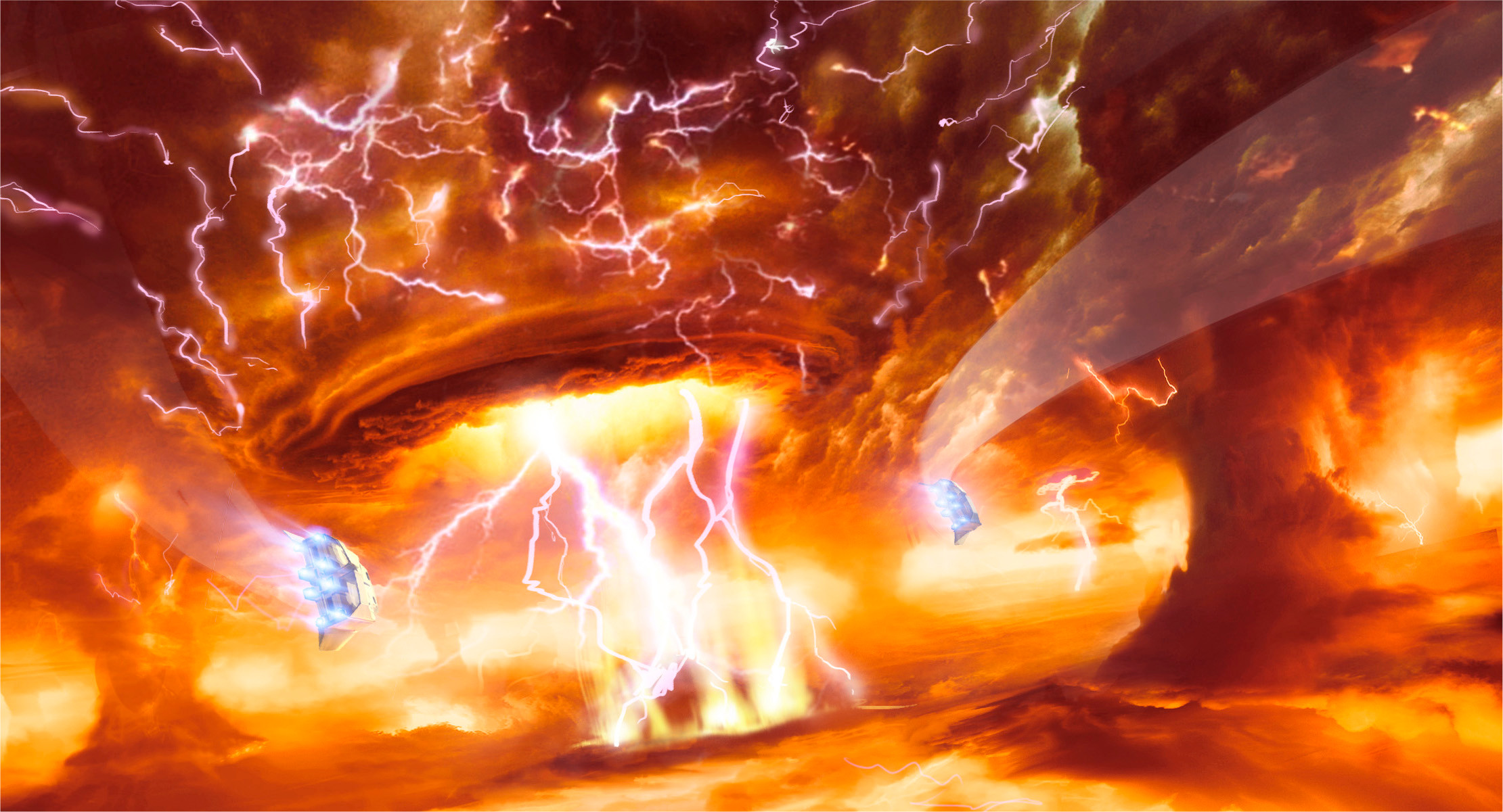 Ahead a funnel forms in the upper layer of clouds, charged with energy. It discharges in a bright arc that strikes the boiling surface below us—
