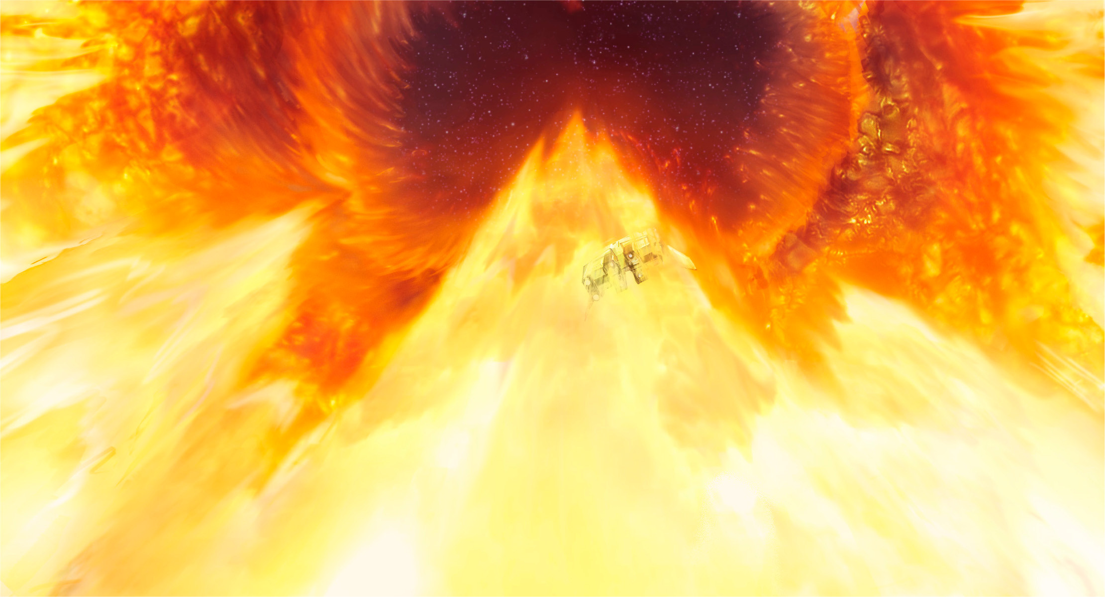 --hurling our ship up through the burning sky surfing a pillar of liquid flame, into the darkness of space.