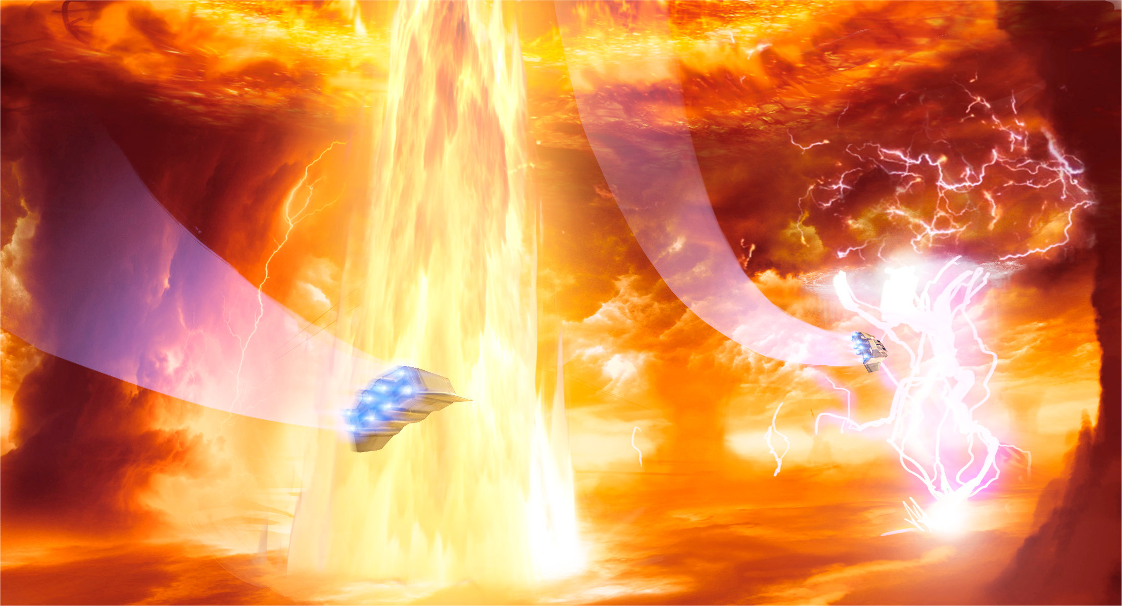 –And a flare of liquid plasma bursts up from the crack, parting the clouds above on its way into space. More storms erupt around us and our ships lurch as we take evasive action.
