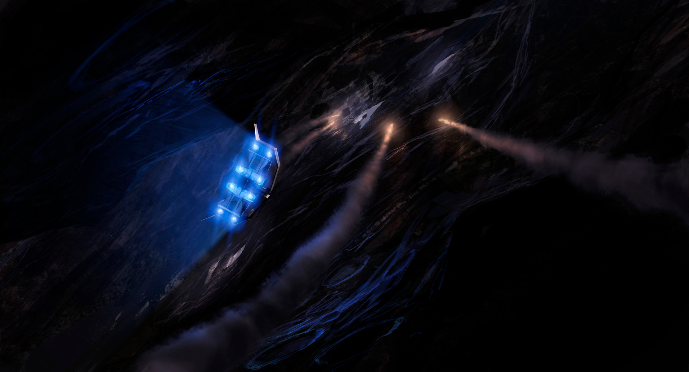 Too late! The passage closes in a final grinding of rocks! Our two remaining ships fire their missiles—