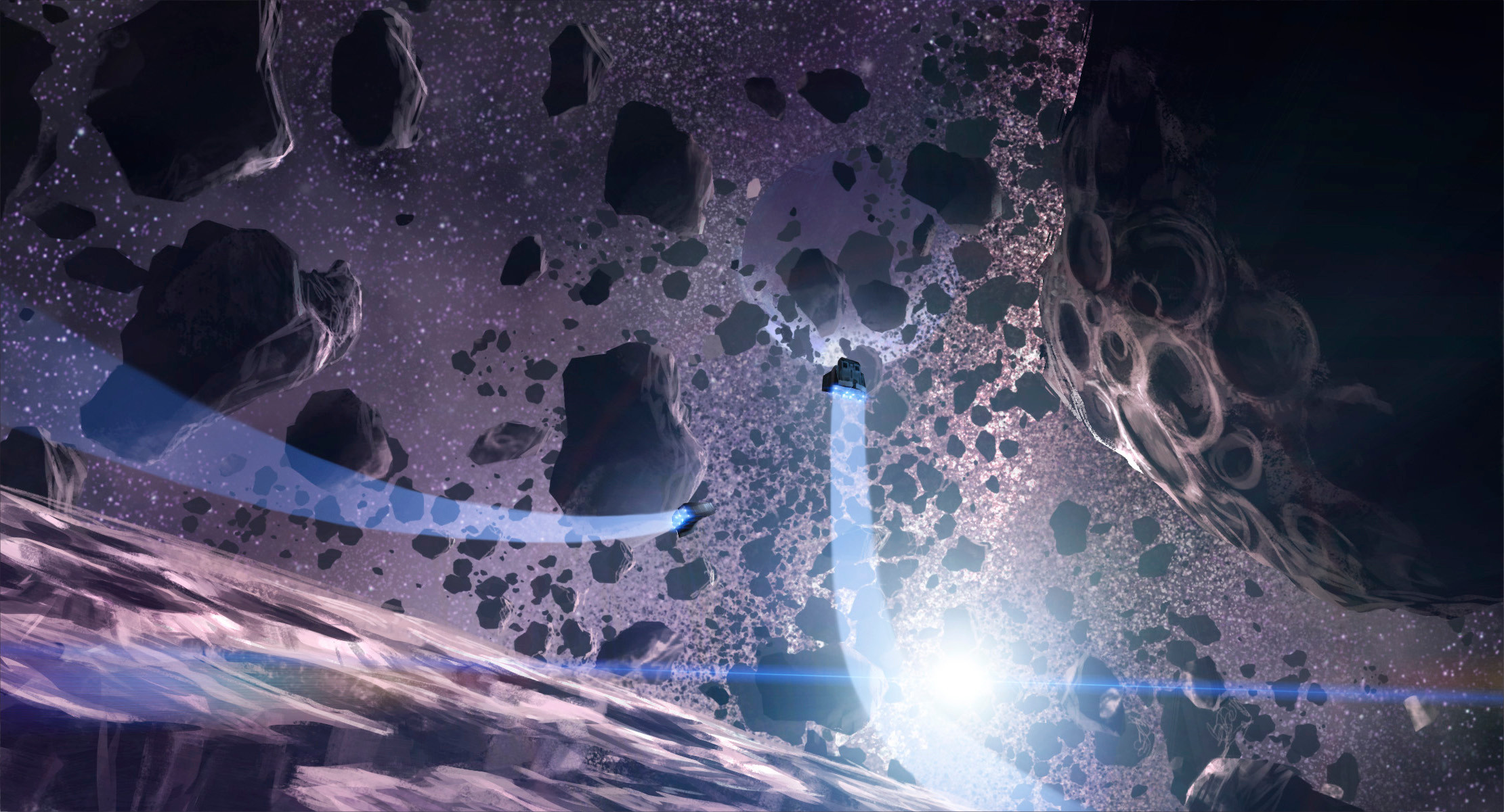 As we pull out into space, our view opens up on an intimidating sight: our destination planet lies on the other side of a dense field of asteroids and rocky debris. The Captain tells us we will have to slow and pick our way through, but there's no time!