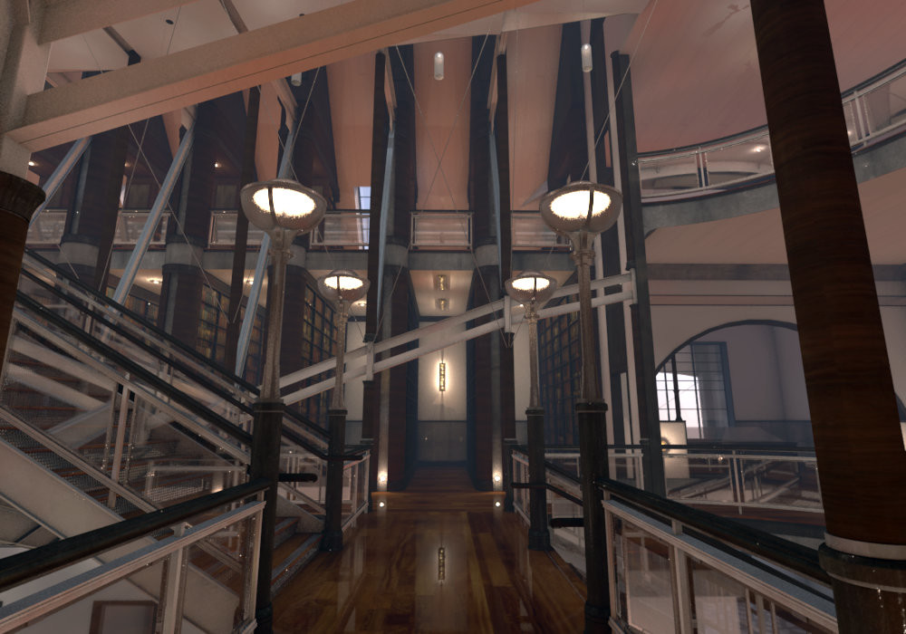 Interior, quick render of main hall at first floor. Low Res.