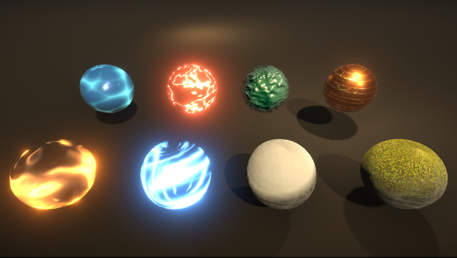 From left to right and back to front: Cartoon Water, Dissolving Shader, Ocean Water, Scroll (from intro tut), Fire/Flames, Portal, Rock Snow and Rock Moss
