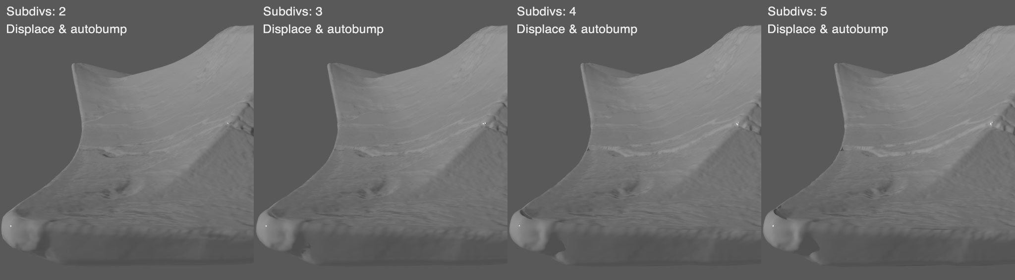 3 subdivisions with autobump seems to be sweet spot. But still not happy with the overall softening &amp; bloating.