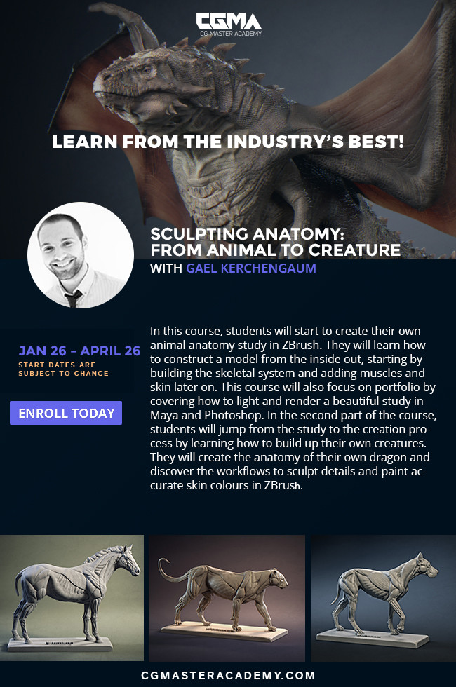 If you want to register yourself for the next classes, follow the link : https://www.cgmasteracademy.com/courses/94-sculpting-anatomy-from-animal-to-creature . The next class will start on the end of January, so do not wait too long before jumping in !