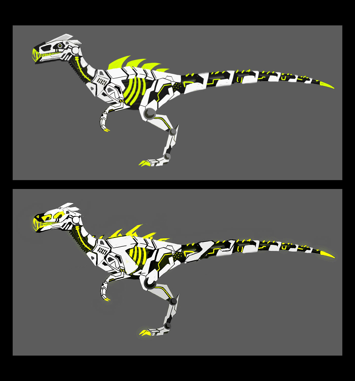 Finished designing the armor and the look of the dinosaur. Tried designs with an actual face but decided to go back to the exposed skull as it was more intimidating and unique.