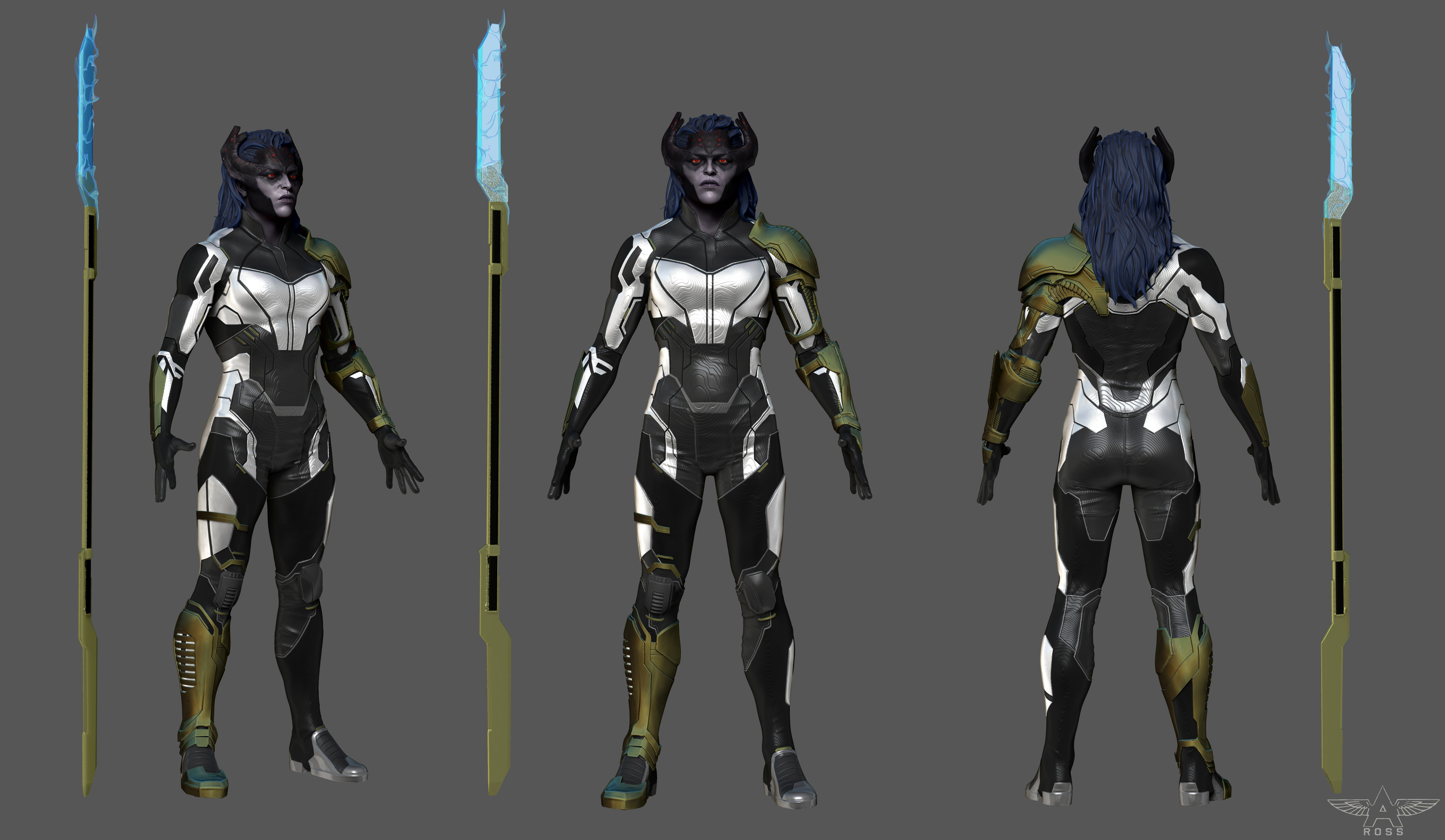 Final ZBrush unposed turnaround render of Proxima Midnight posed, as sent to Legacy Effects for 3d Printing.