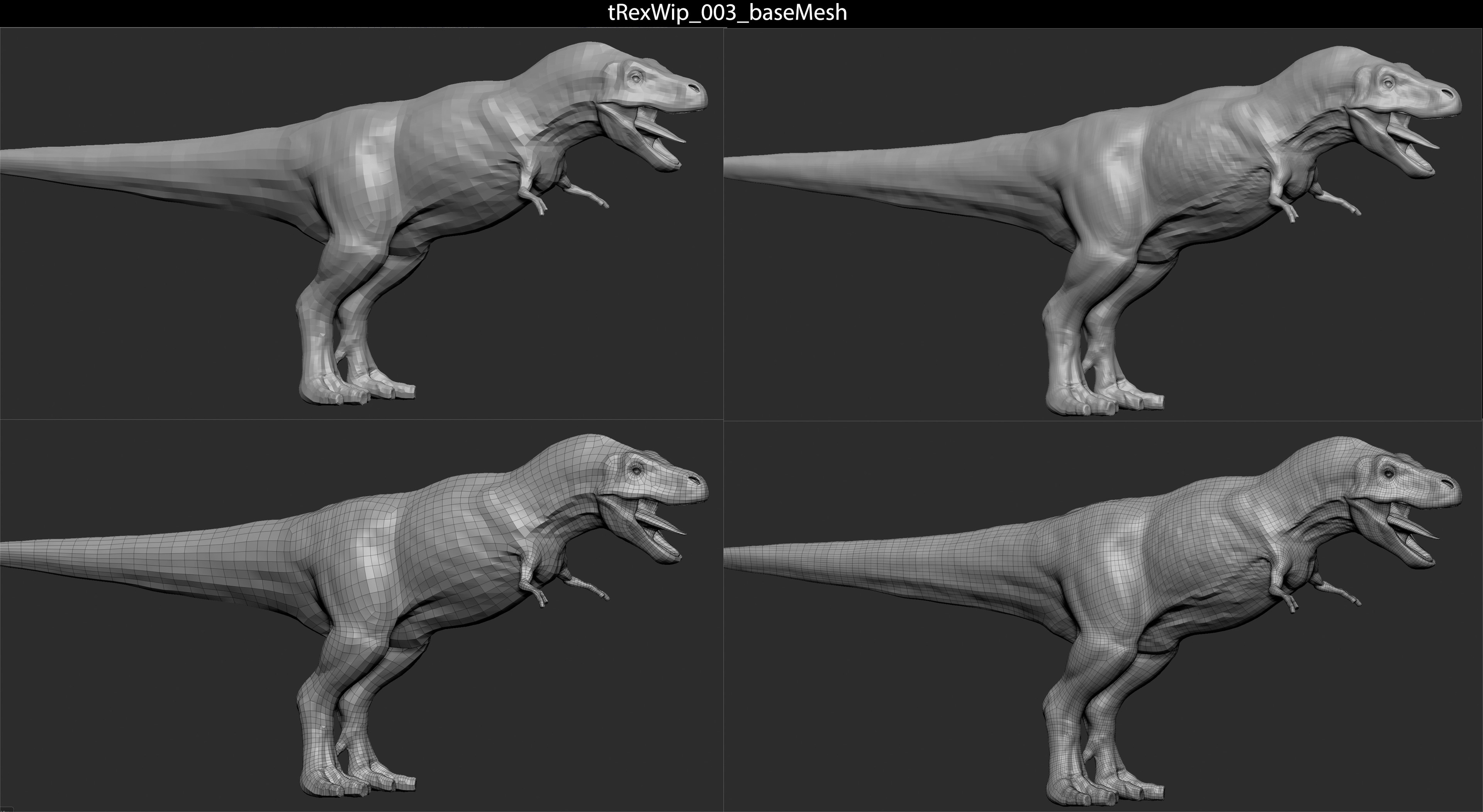 Low def model for rigging on the left. High def model for muscle and skin deformation on the right.